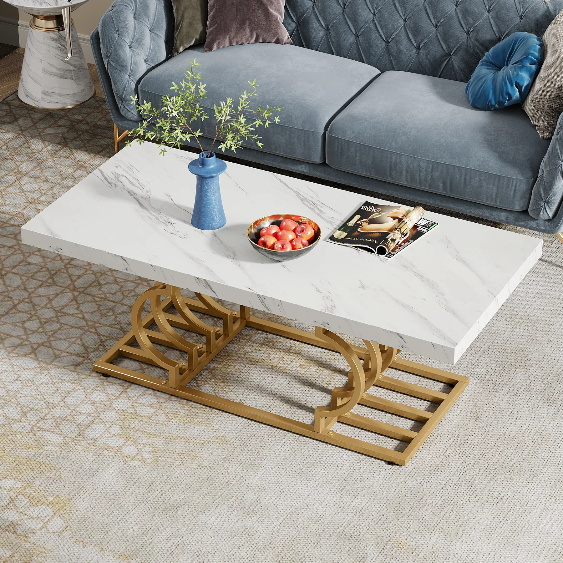 Tribesigns Rectangle Coffee Table, 47.24-inch Modern Coffee Tables for Living Room, 2-Tier Faux Marble Wood Coffee Table