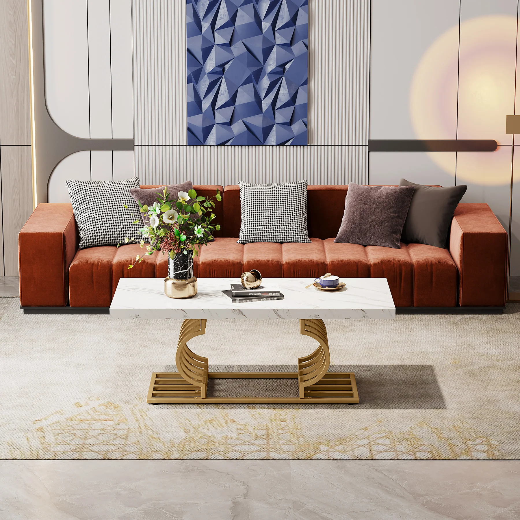 Tribesigns Rectangle Coffee Table, 47.24-inch Modern Coffee Tables for Living Room, 2-Tier Faux Marble Wood Coffee Table