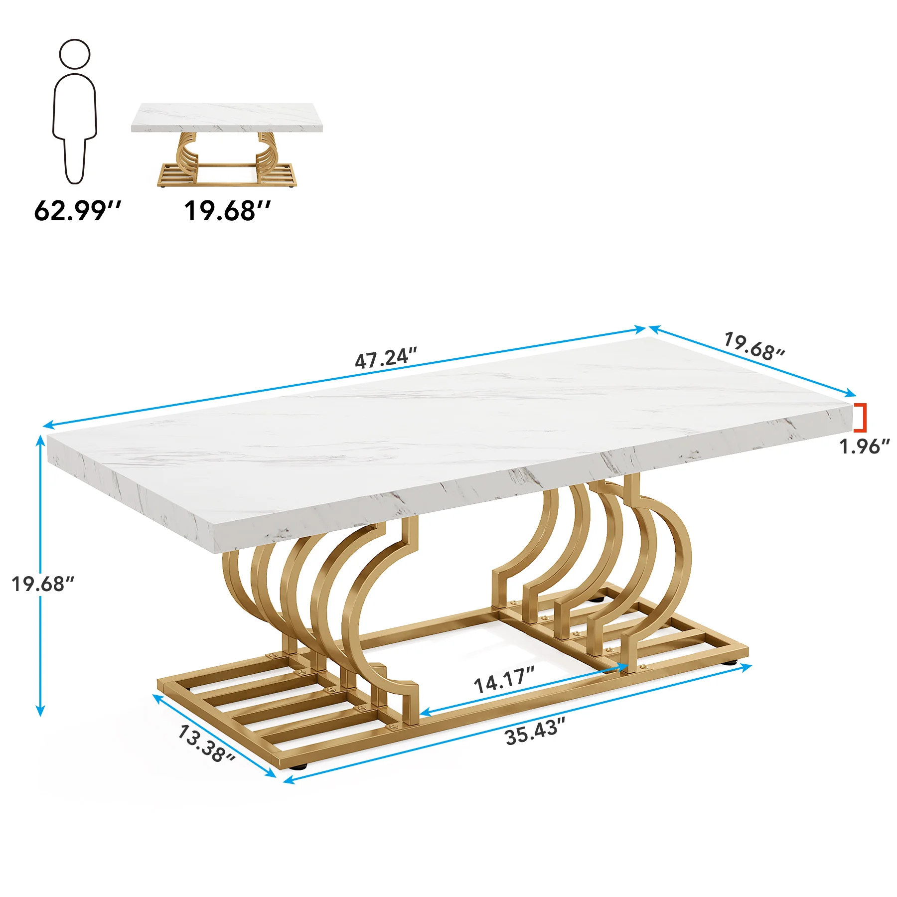 Tribesigns Rectangle Coffee Table, 47.24-inch Modern Coffee Tables for Living Room, 2-Tier Faux Marble Wood Coffee Table