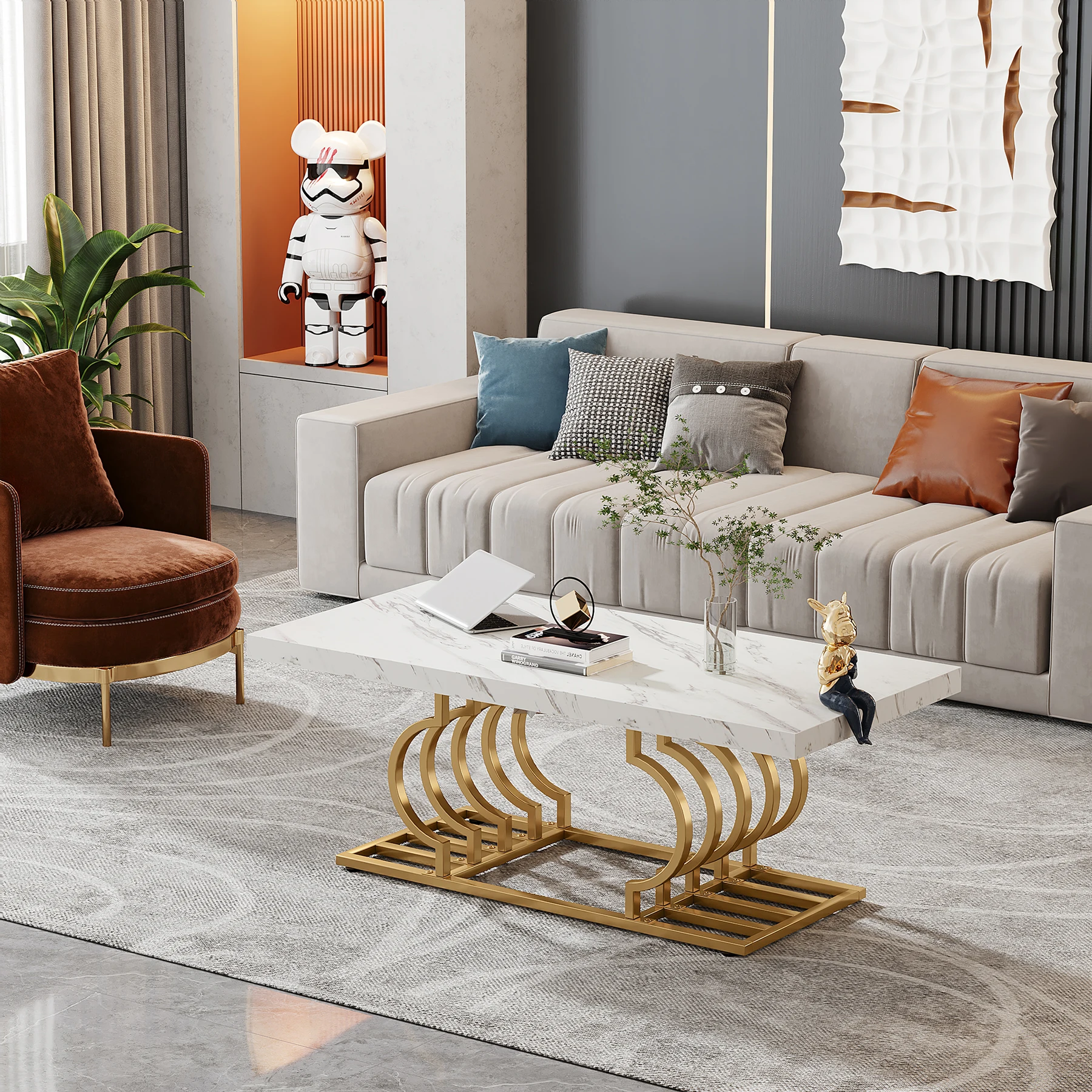 Tribesigns Rectangle Coffee Table, 47.24-inch Modern Coffee Tables for Living Room, 2-Tier Faux Marble Wood Coffee Table