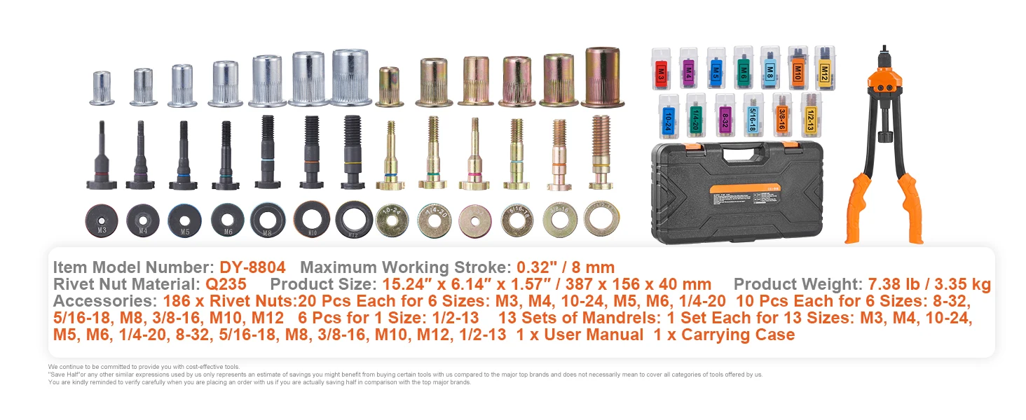 SucceBuy 16" Rivet Nut Tool, Labor-Saving Rivnut Tool Kit with 13PCS Metric SAE Mandrels, 186PCS Rivet Nuts, With Carrying Case