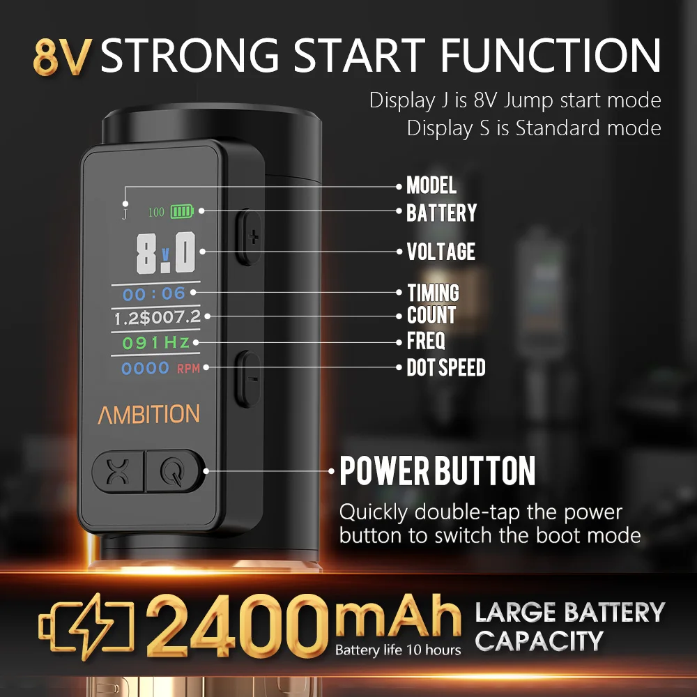 Ambition Soldier Max Wireless Tattoo Machine Pen Coreless Motor Double Bearing Straight Rod 2400mAh Color Screen Billing Battery