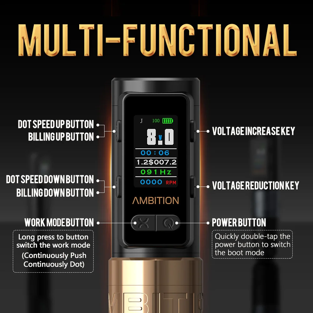 Ambition Soldier Max Wireless Tattoo Machine Pen Coreless Motor Double Bearing Straight Rod 2400mAh Color Screen Billing Battery
