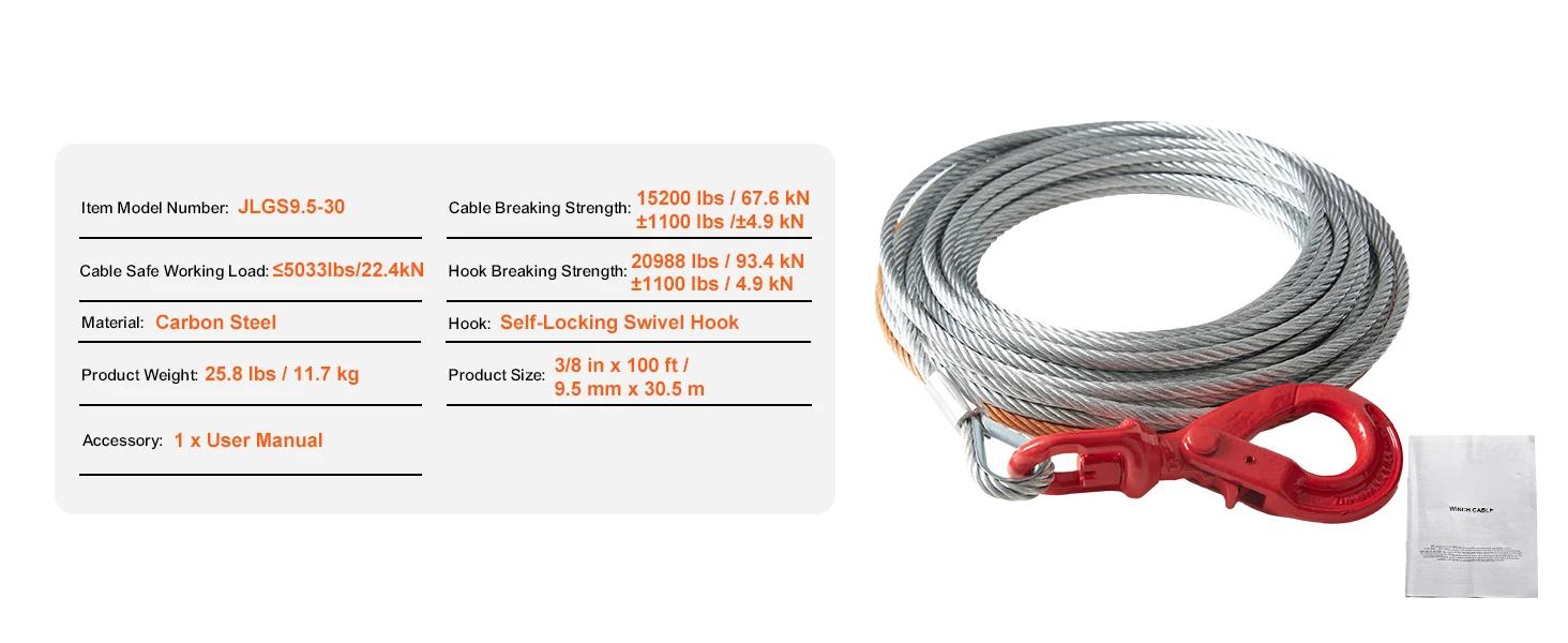 SucceBuy 50/75/100ft Galvanized Steel Winch Cable 3/8in Breaking Strength Wire Winch Rope for SUV Large Off-Road Vehicle