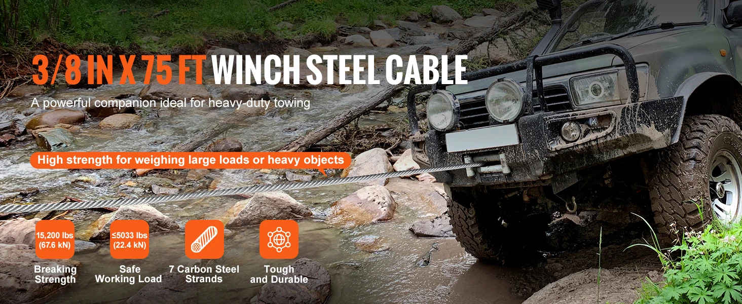 SucceBuy 50/75/100ft Galvanized Steel Winch Cable 3/8in Breaking Strength Wire Winch Rope for SUV Large Off-Road Vehicle