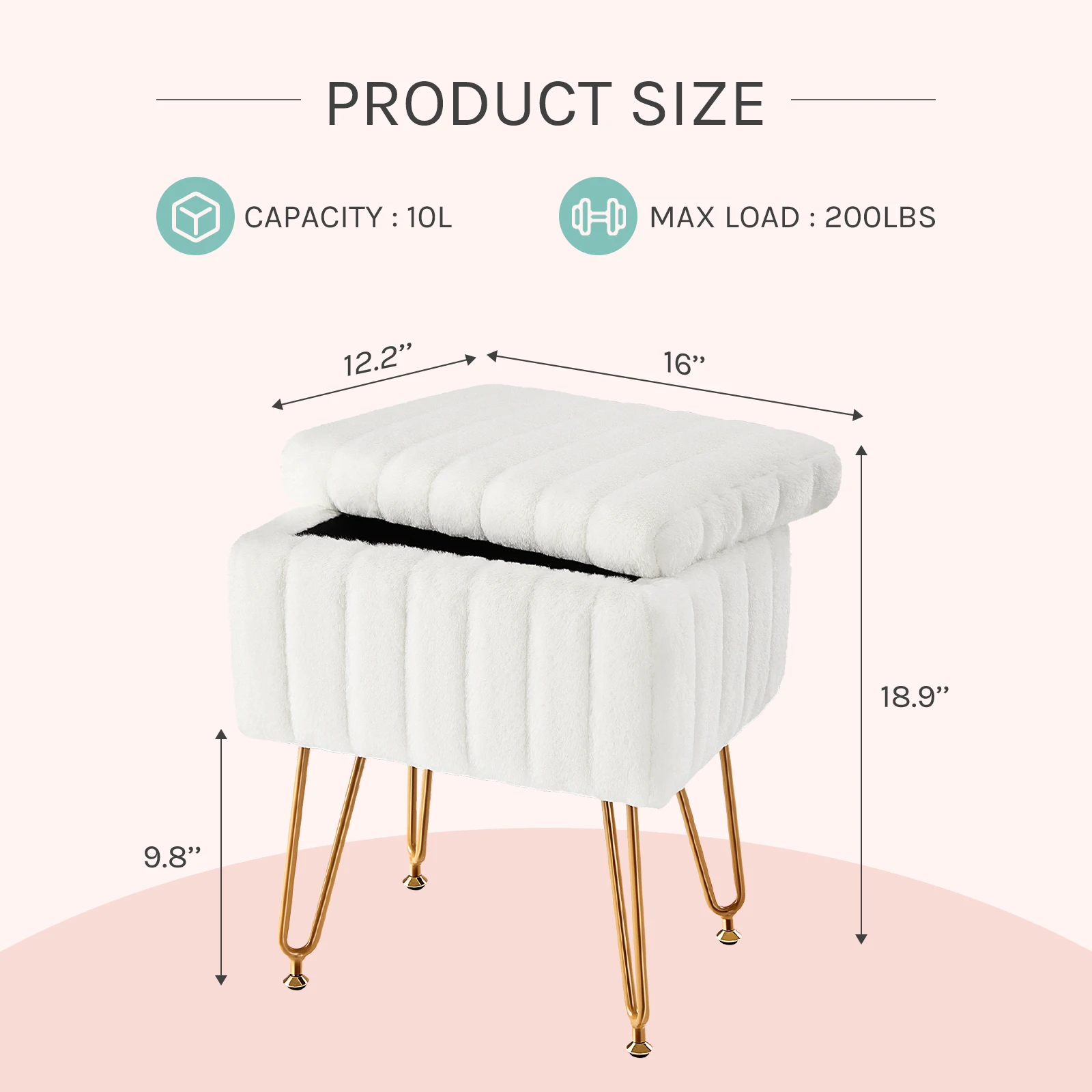 JHK Faux Fur Living Room Hidden Storage Stools & Ottomans Padded Makeup with 4 Metal Legs Anti-Slip Adjustable Feet for Home