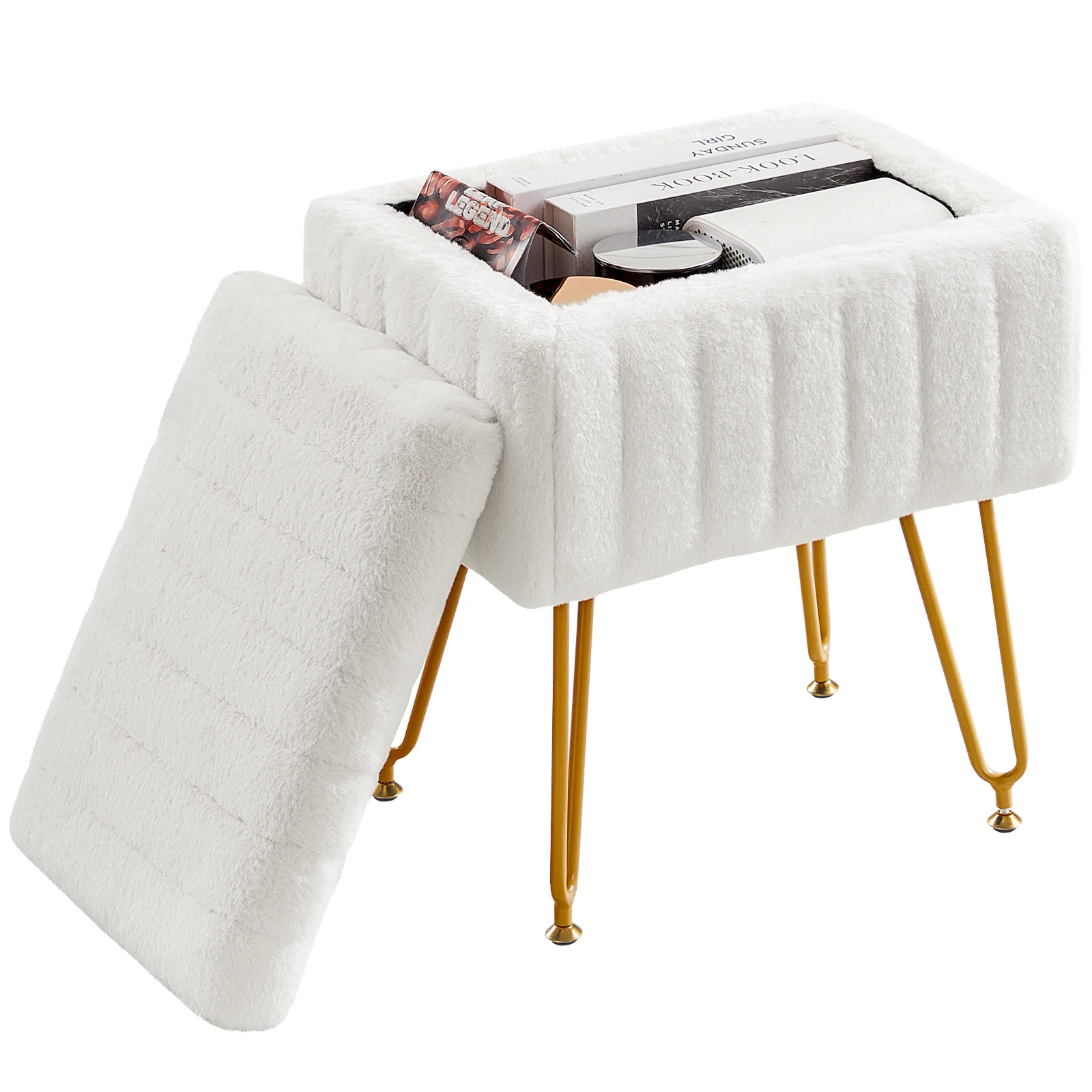 JHK Faux Fur Living Room Hidden Storage Stools & Ottomans Padded Makeup with 4 Metal Legs Anti-Slip Adjustable Feet for Home