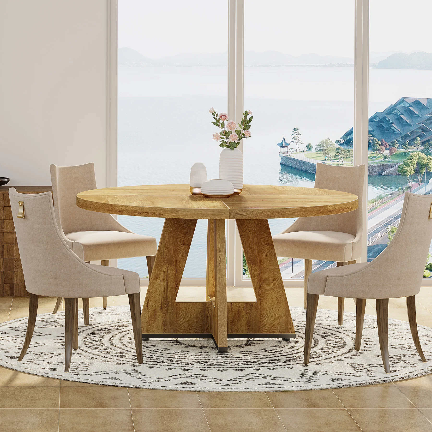 Tribesigns Round Dining Table for 4, 47 Inch Farmhouse Kitchen Table Small Dinner Table Kitchen Dinning Table for Dining Room