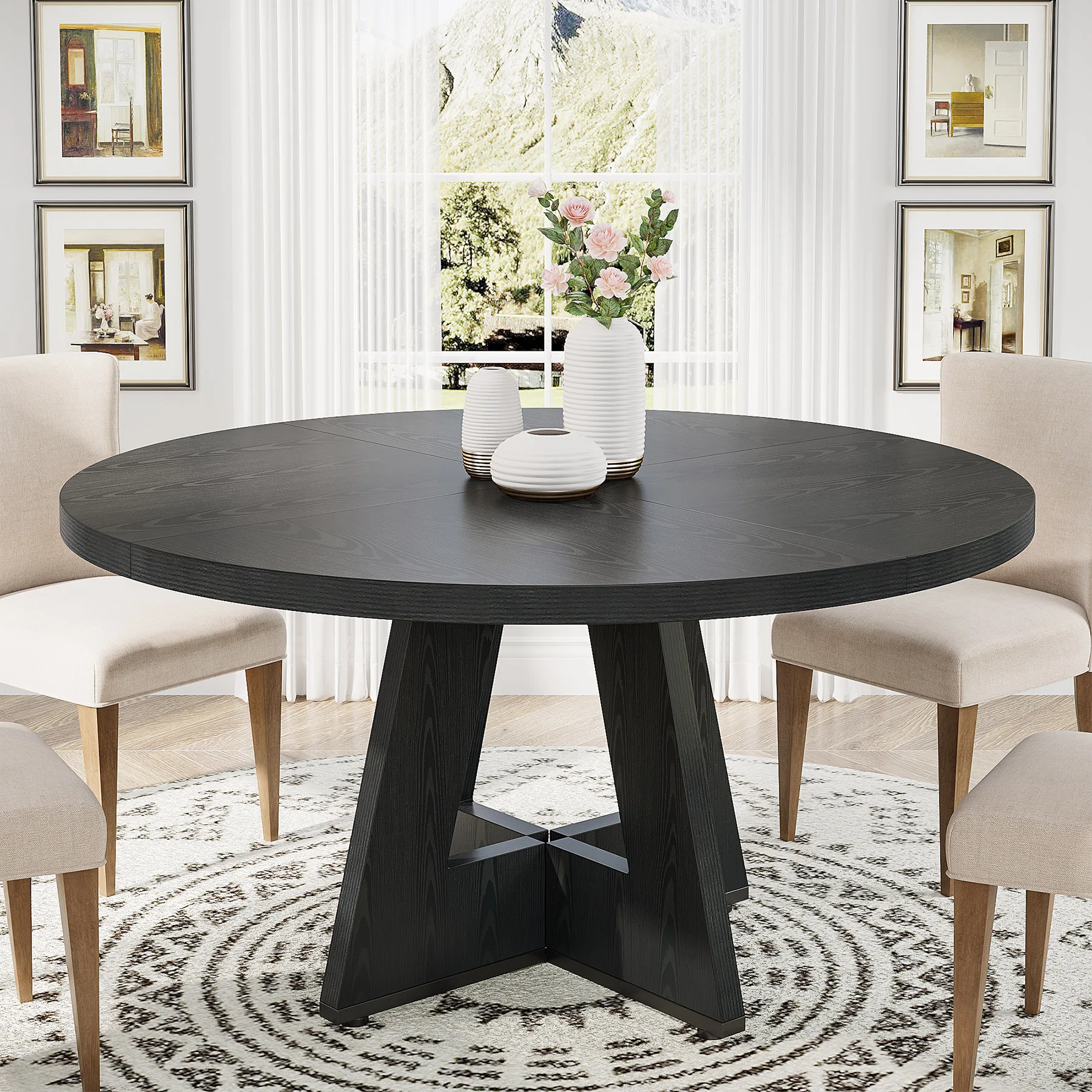 Tribesigns Round Dining Table for 4, 47 Inch Farmhouse Kitchen Table Small Dinner Table Kitchen Dinning Table for Dining Room