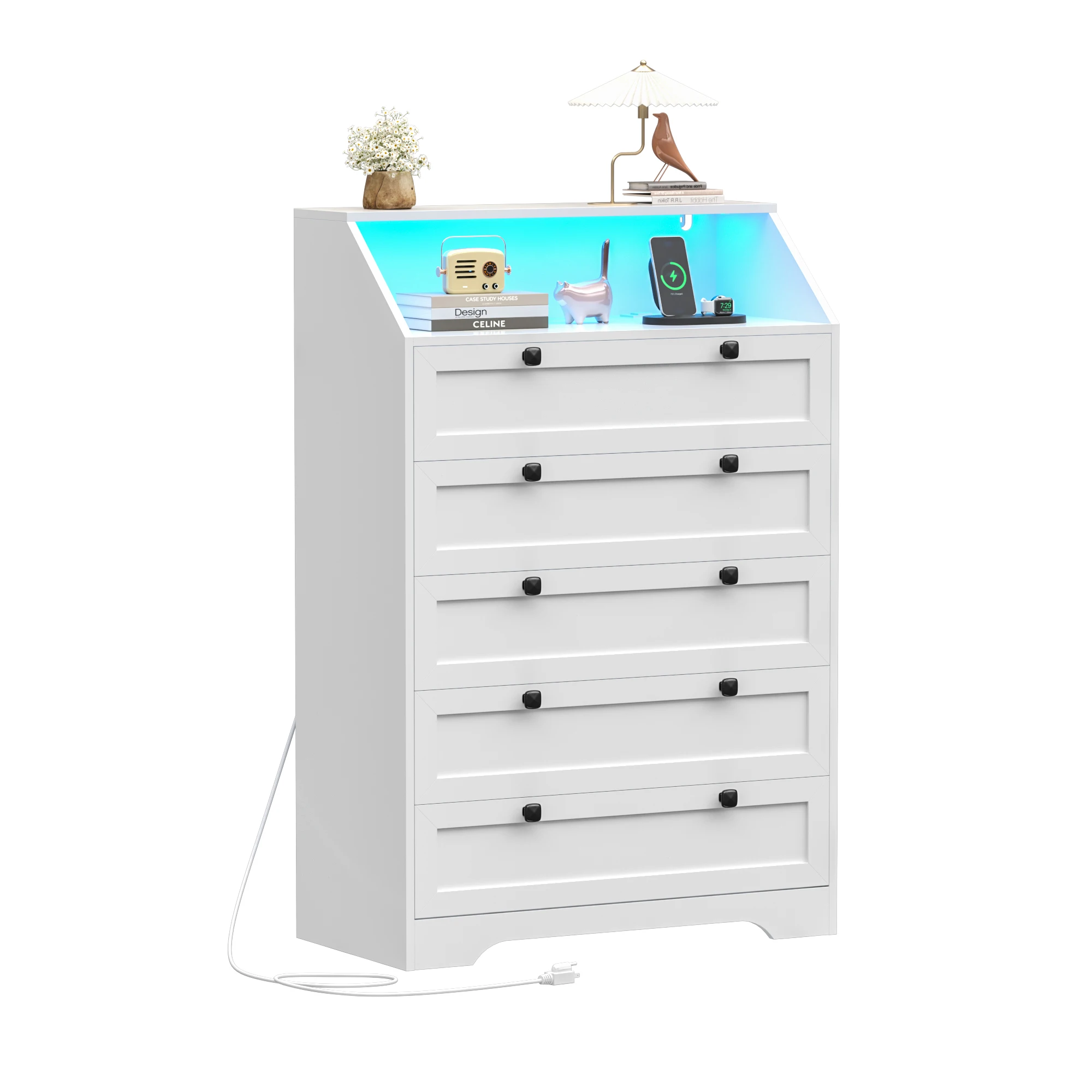 5-Drawer Dresser with Charging Station, LED Dresser for Bedroom, Wood Dresser for Storage and Organization for Living Room