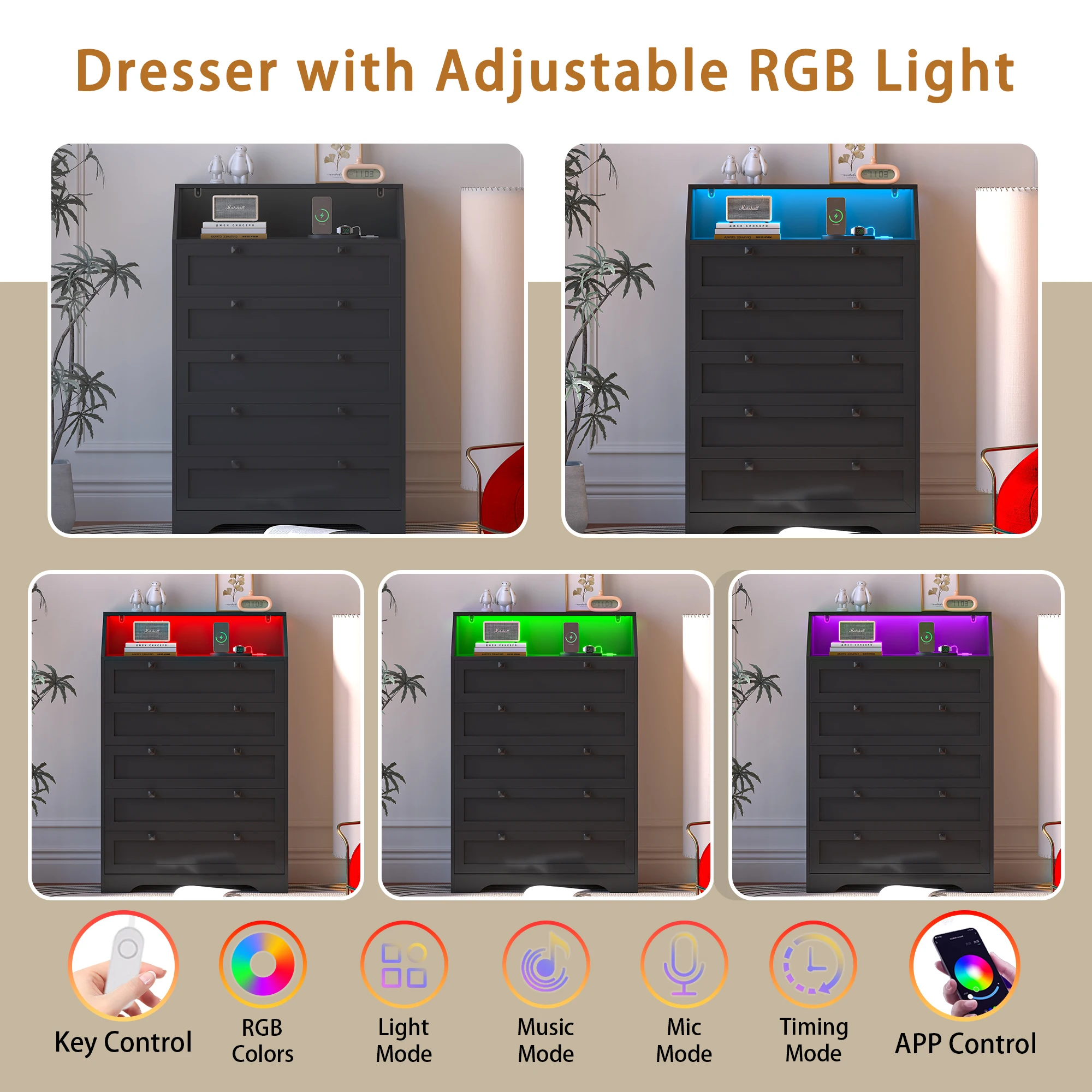 5-Drawer Dresser with Charging Station, LED Dresser for Bedroom, Wood Dresser for Storage and Organization for Living Room