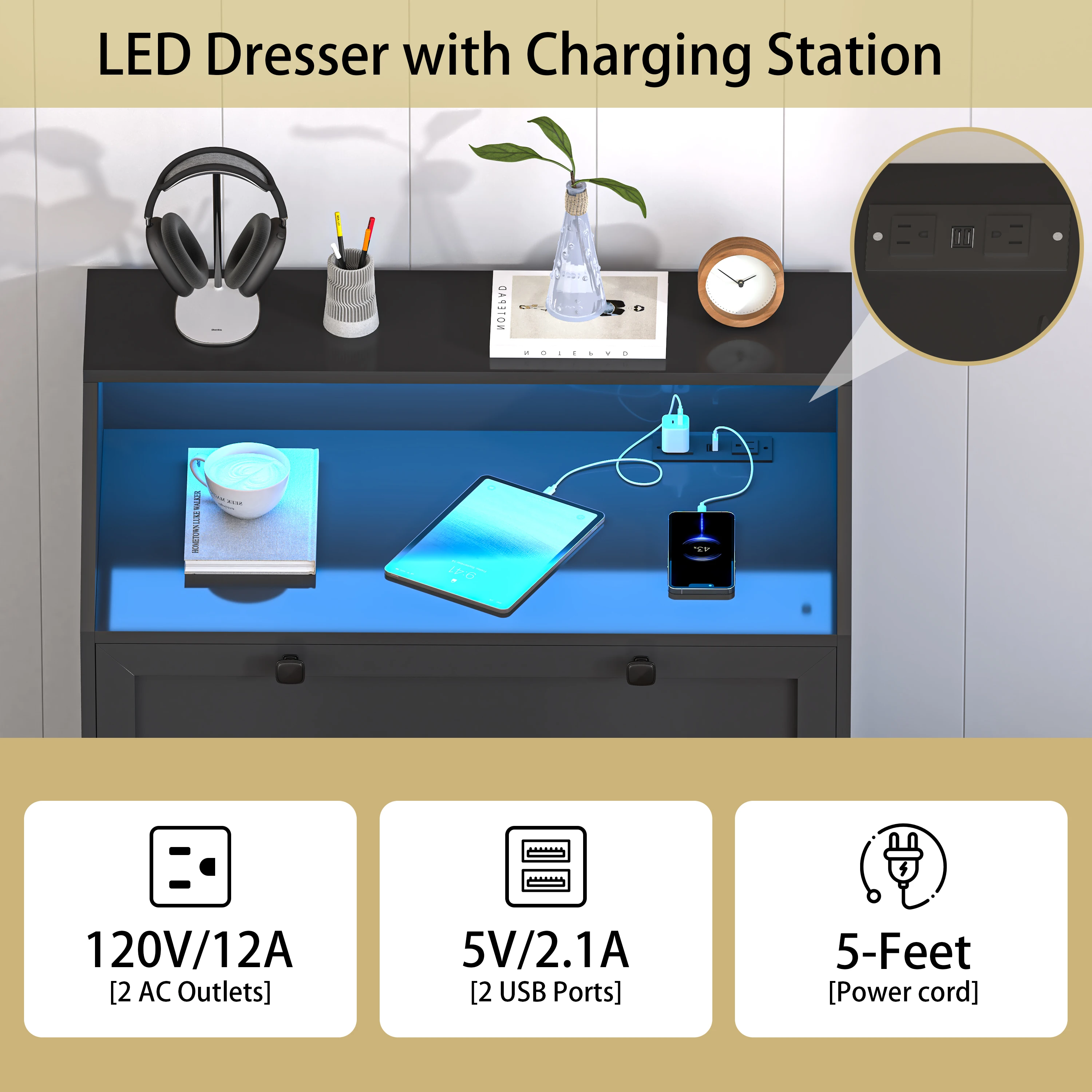 5-Drawer Dresser with Charging Station, LED Dresser for Bedroom, Wood Dresser for Storage and Organization for Living Room
