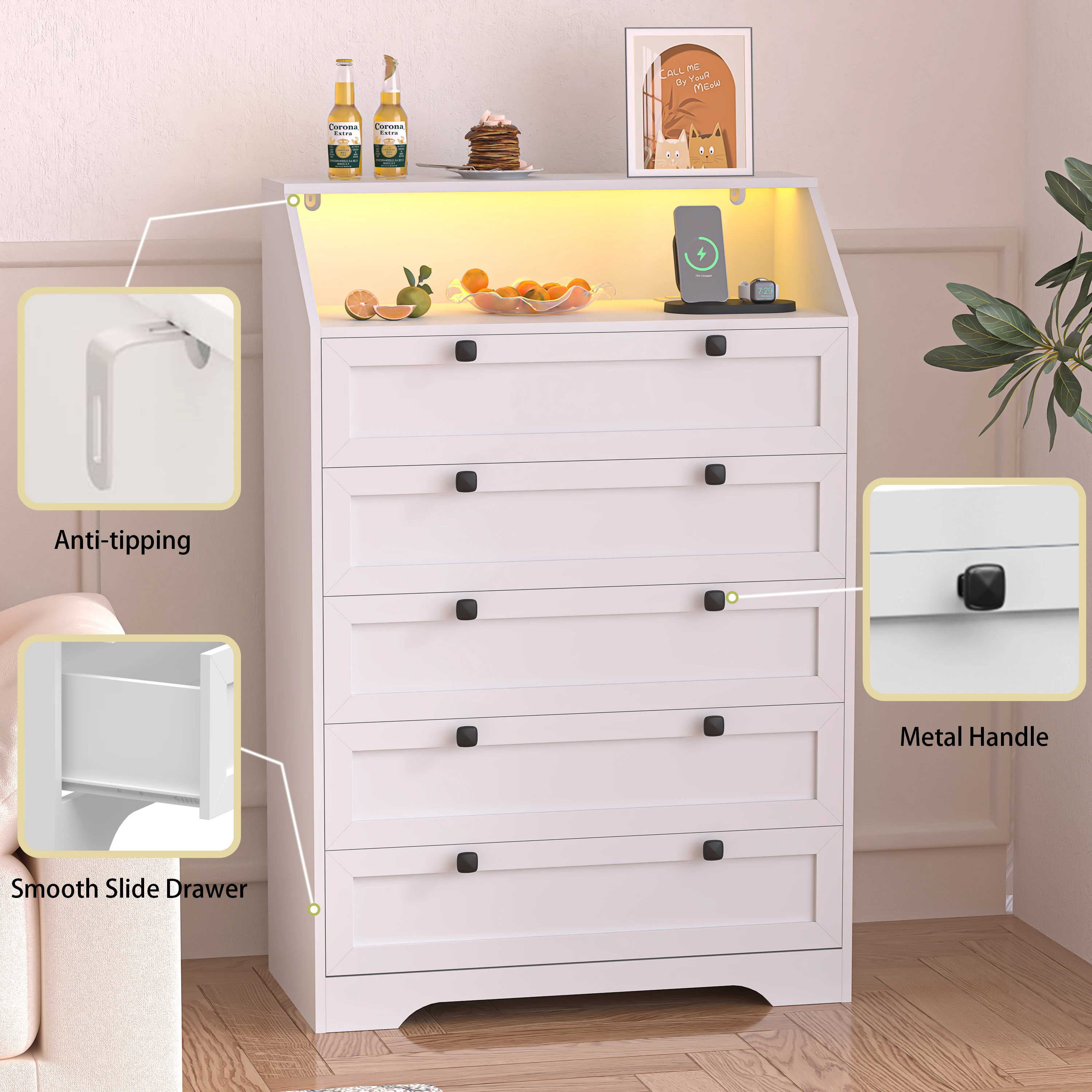 5-Drawer Dresser with Charging Station, LED Dresser for Bedroom, Wood Dresser for Storage and Organization for Living Room