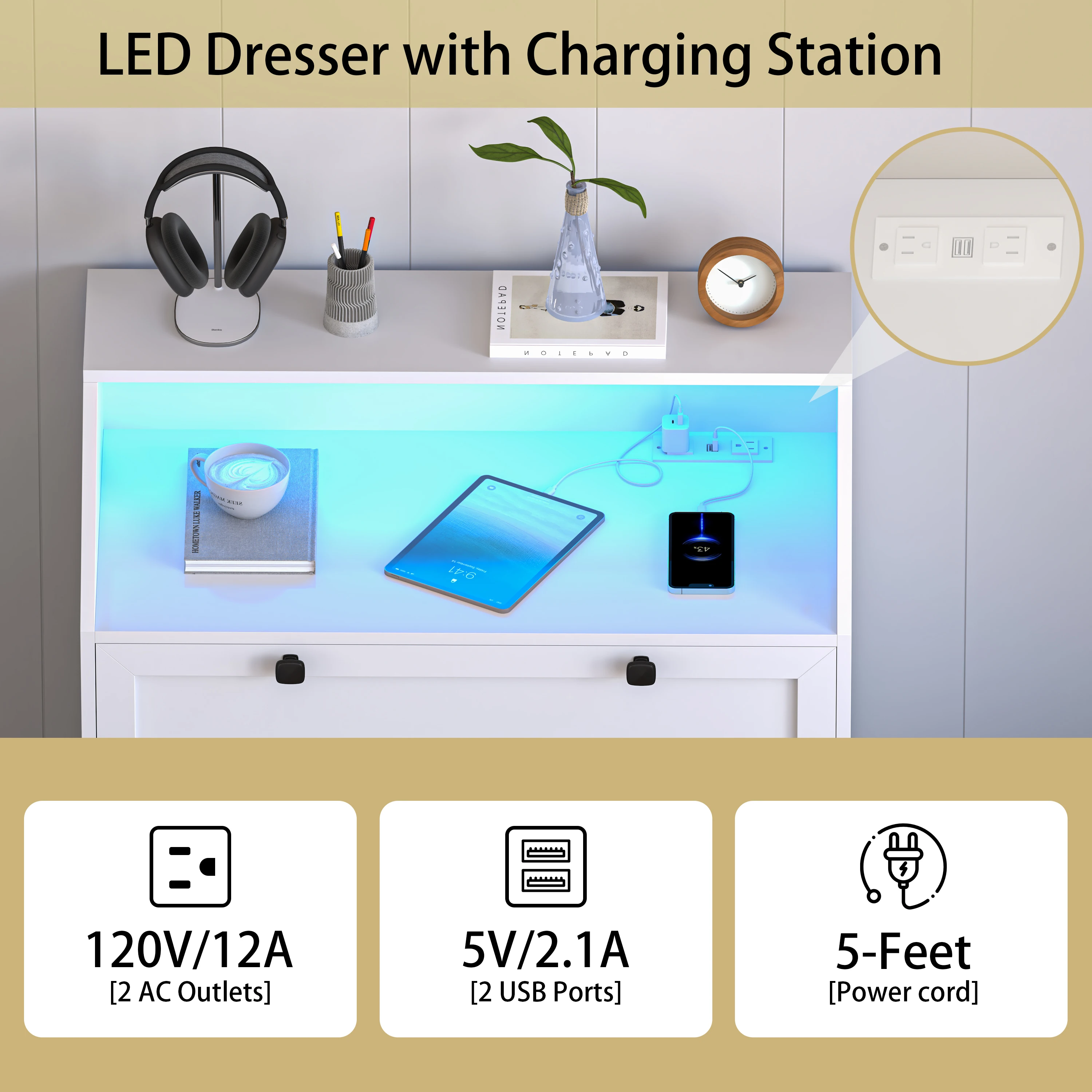 5-Drawer Dresser with Charging Station, LED Dresser for Bedroom, Wood Dresser for Storage and Organization for Living Room
