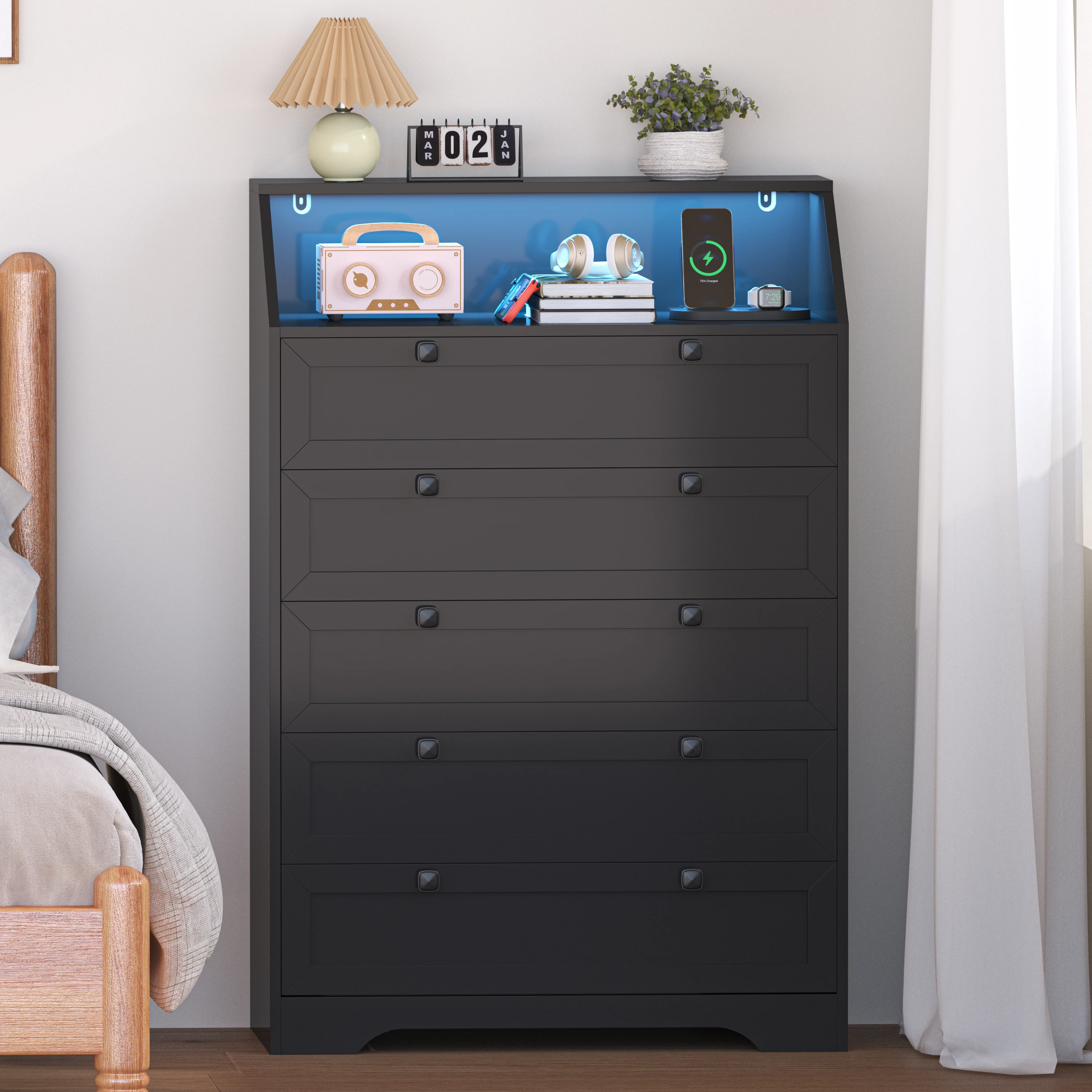5-Drawer Dresser with Charging Station, LED Dresser for Bedroom, Wood Dresser for Storage and Organization for Living Room