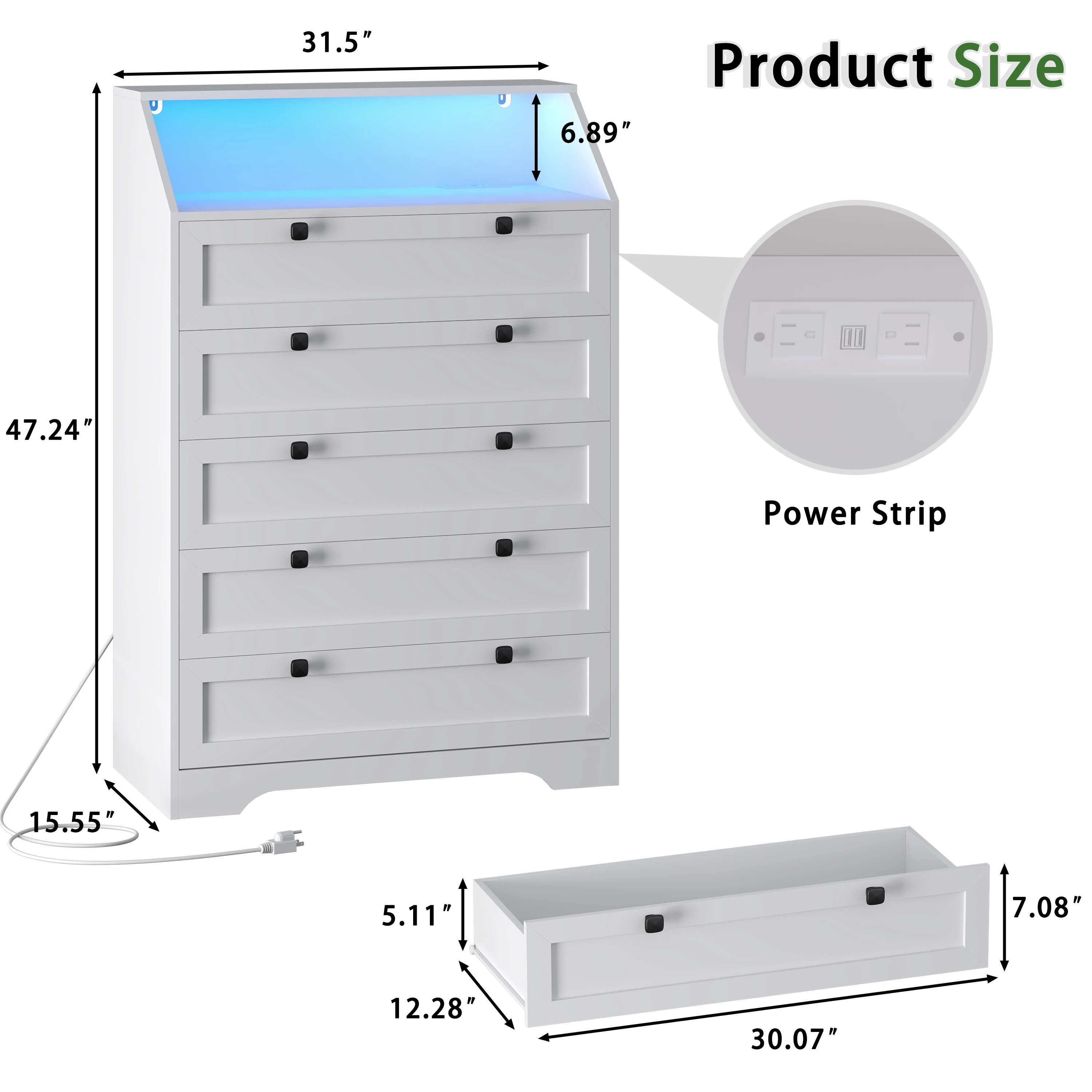 5-Drawer Dresser with Charging Station, LED Dresser for Bedroom, Wood Dresser for Storage and Organization for Living Room