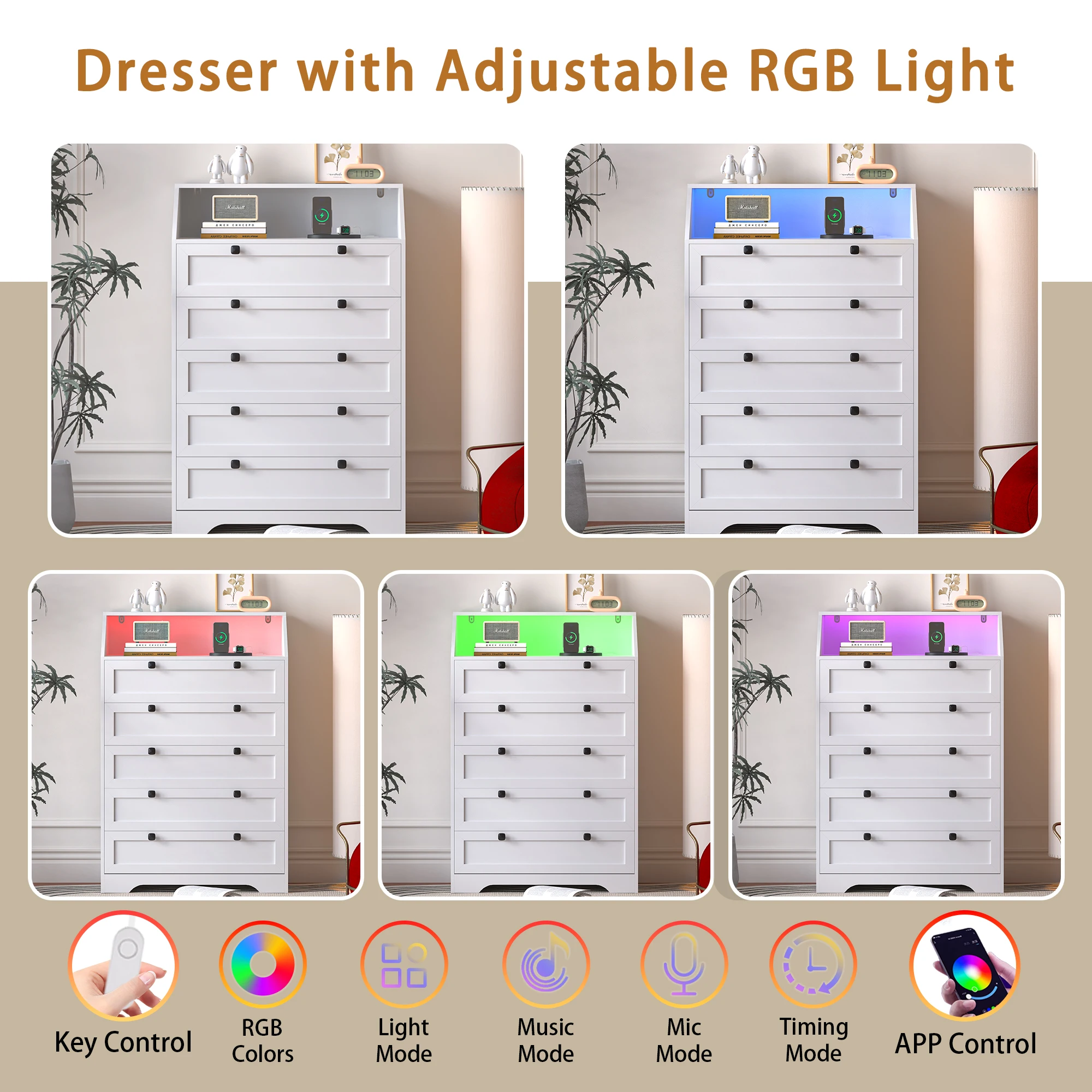 5-Drawer Dresser with Charging Station, LED Dresser for Bedroom, Wood Dresser for Storage and Organization for Living Room
