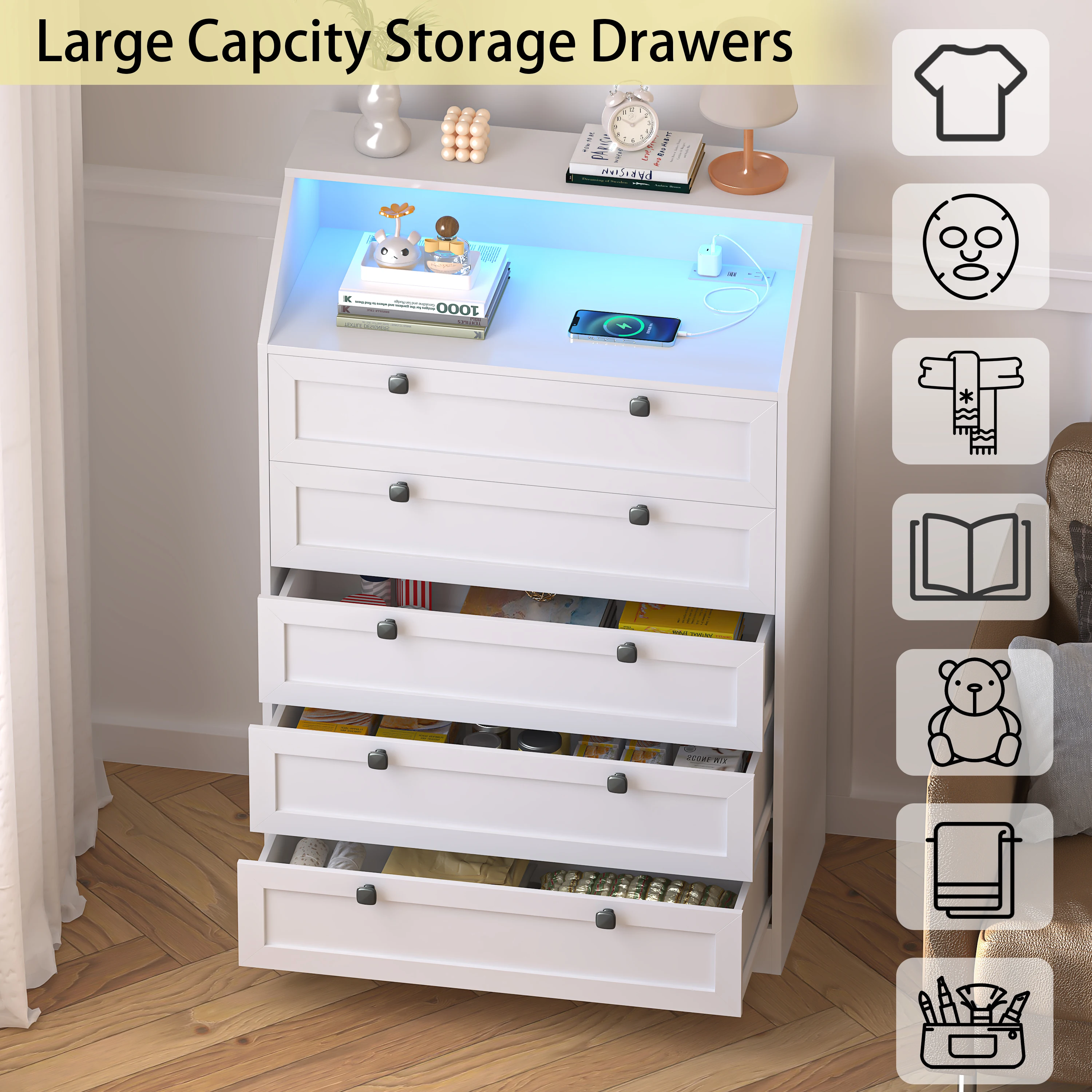 5-Drawer Dresser with Charging Station, LED Dresser for Bedroom, Wood Dresser for Storage and Organization for Living Room