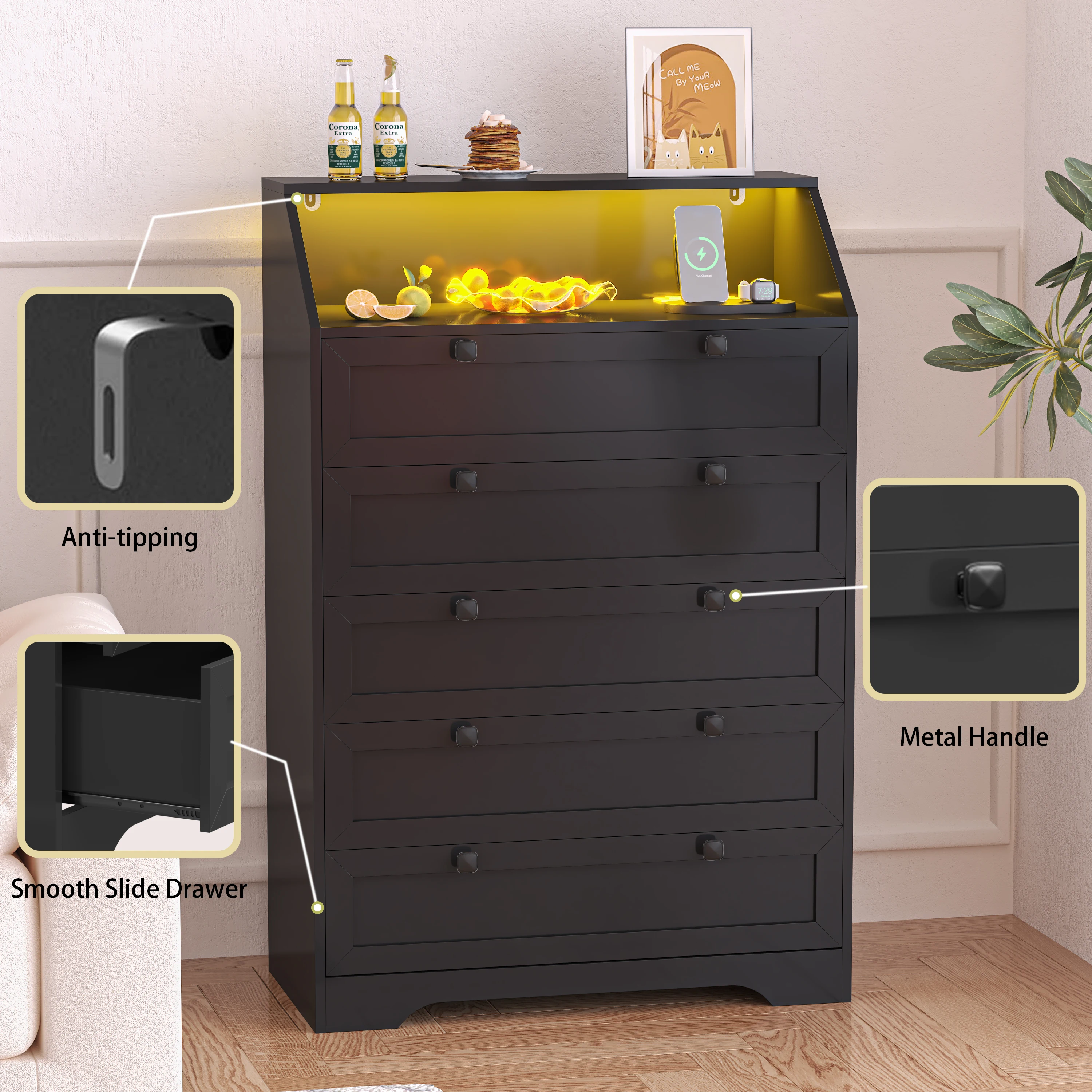 5-Drawer Dresser with Charging Station, LED Dresser for Bedroom, Wood Dresser for Storage and Organization for Living Room
