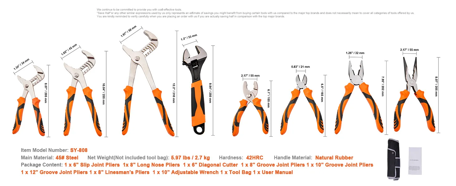 SucceBuy 8-Piece Pliers Set 8" Linesman's Pliers 6" Slip Joint Pliers Long Nose Pliers 6" Diagonal Cutter 10" Adjustable Wrench
