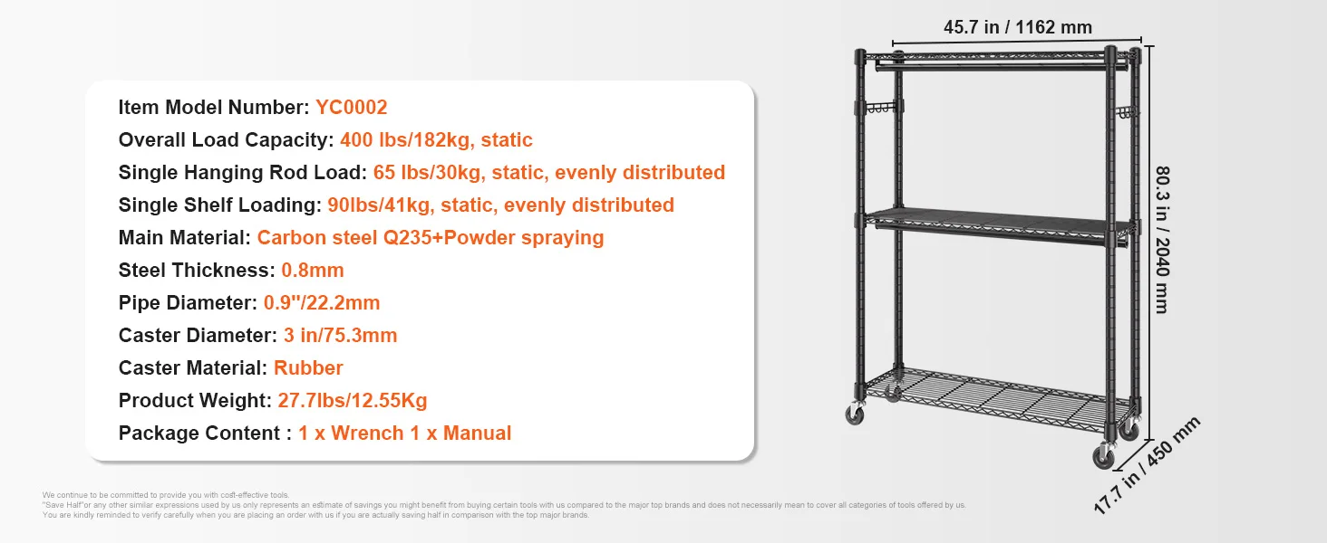 SucceBuy Clothing Garment Rack Heavy Duty Clothes Rack Adjustable Length Clothes Rack w/ Bottom Shelf & Wheels for Laundry Room