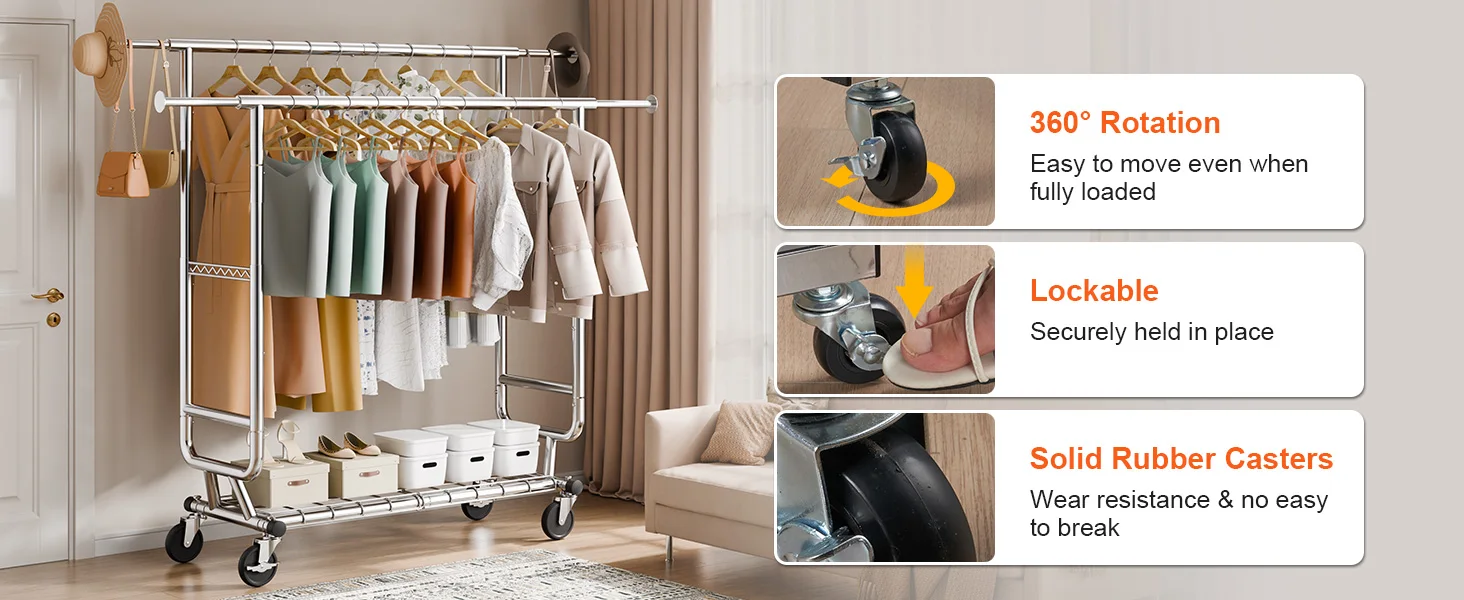 SucceBuy Clothing Garment Rack Heavy Duty Clothes Rack Adjustable Length Clothes Rack w/ Bottom Shelf & Wheels for Laundry Room
