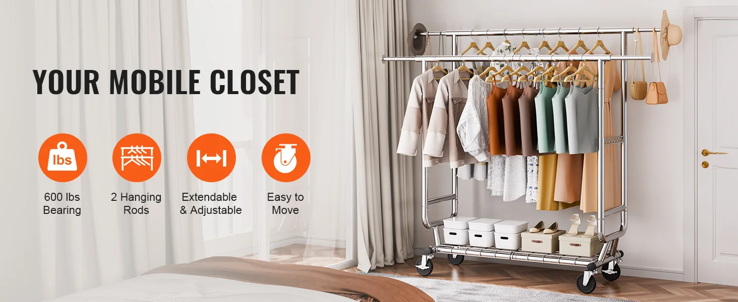 SucceBuy Clothing Garment Rack Heavy Duty Clothes Rack Adjustable Length Clothes Rack w/ Bottom Shelf & Wheels for Laundry Room
