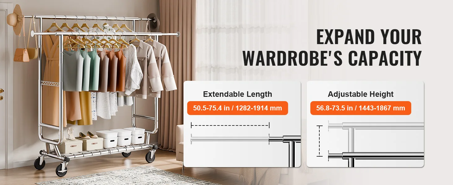 SucceBuy Clothing Garment Rack Heavy Duty Clothes Rack Adjustable Length Clothes Rack w/ Bottom Shelf & Wheels for Laundry Room