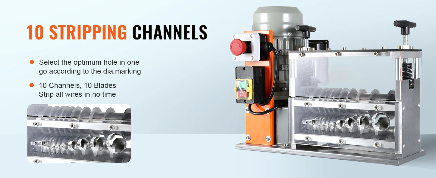 SucceBuy Electric Wire Stripping Machine Cable Stripper Peeler 750W 1.5-32mm 10 Channels Acrylic+Aluminum Scrap Copper Recycling