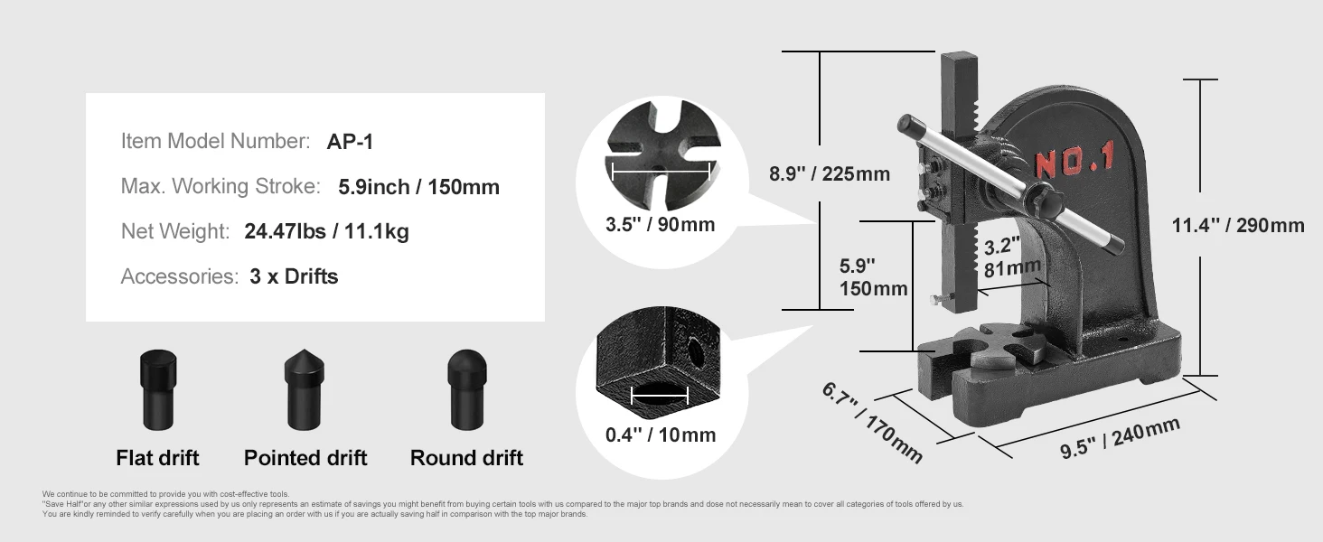 SucceBuy 1 Ton Arbor Press Manual Arbor Press Cast Iron Heavy-duty Manual Desktop Arbor Press Precision Hand Press for Stamping