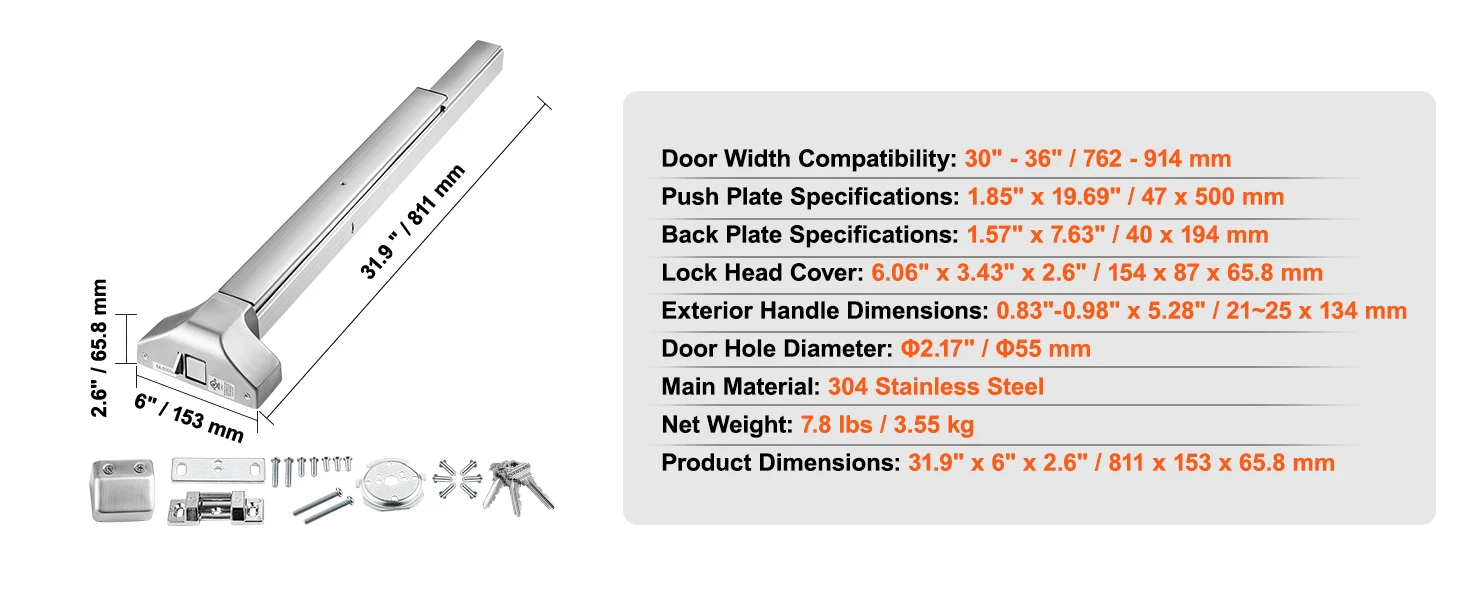 SucceBuy Push Bar Door Locks Stainless Steel Panic Bars Exit Doors with Exterior Lever Push Bar Panic Exit Device Door Hardware