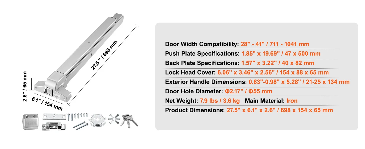 SucceBuy Push Bar Door Locks Stainless Steel Panic Bars Exit Doors with Exterior Lever Push Bar Panic Exit Device Door Hardware