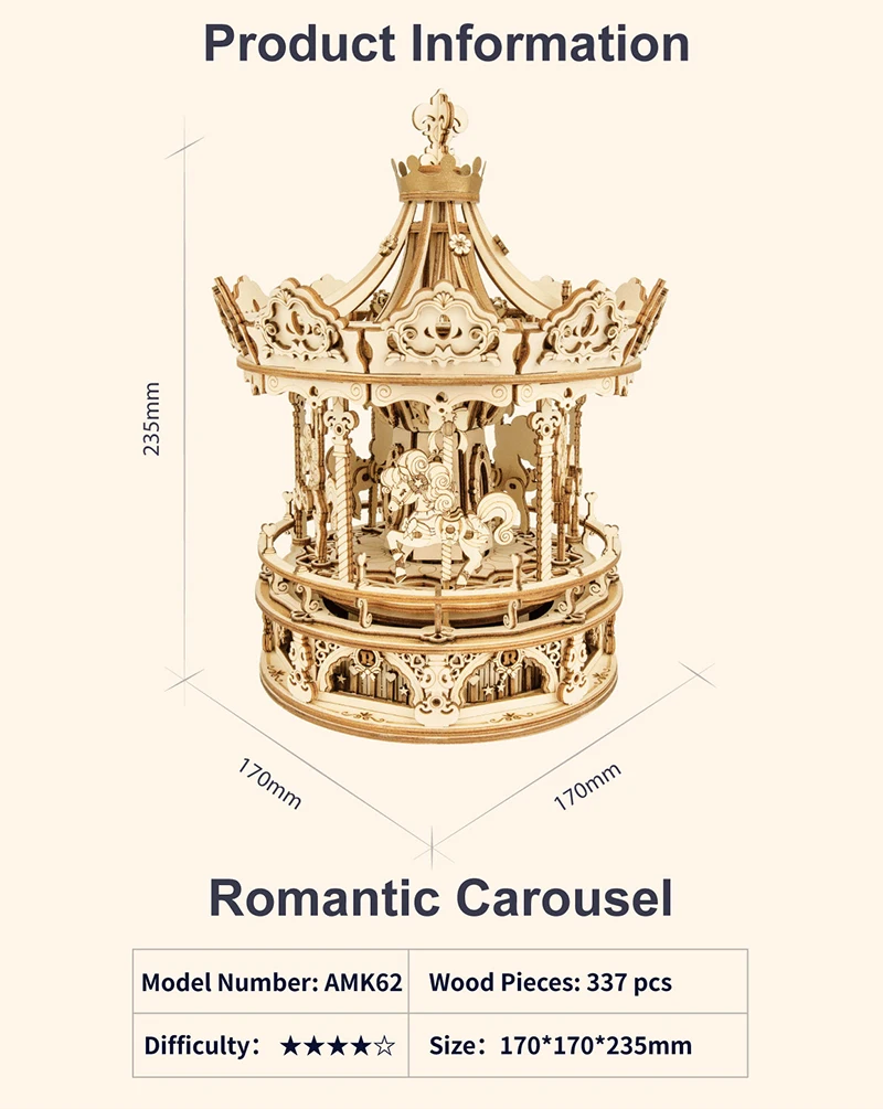 Robotime 3D Wooden Puzzle 336pcs Rotatable DIY Romantic Carousel Game Gift for Children Kids Adult AMK62 Assembly Music Box Toy