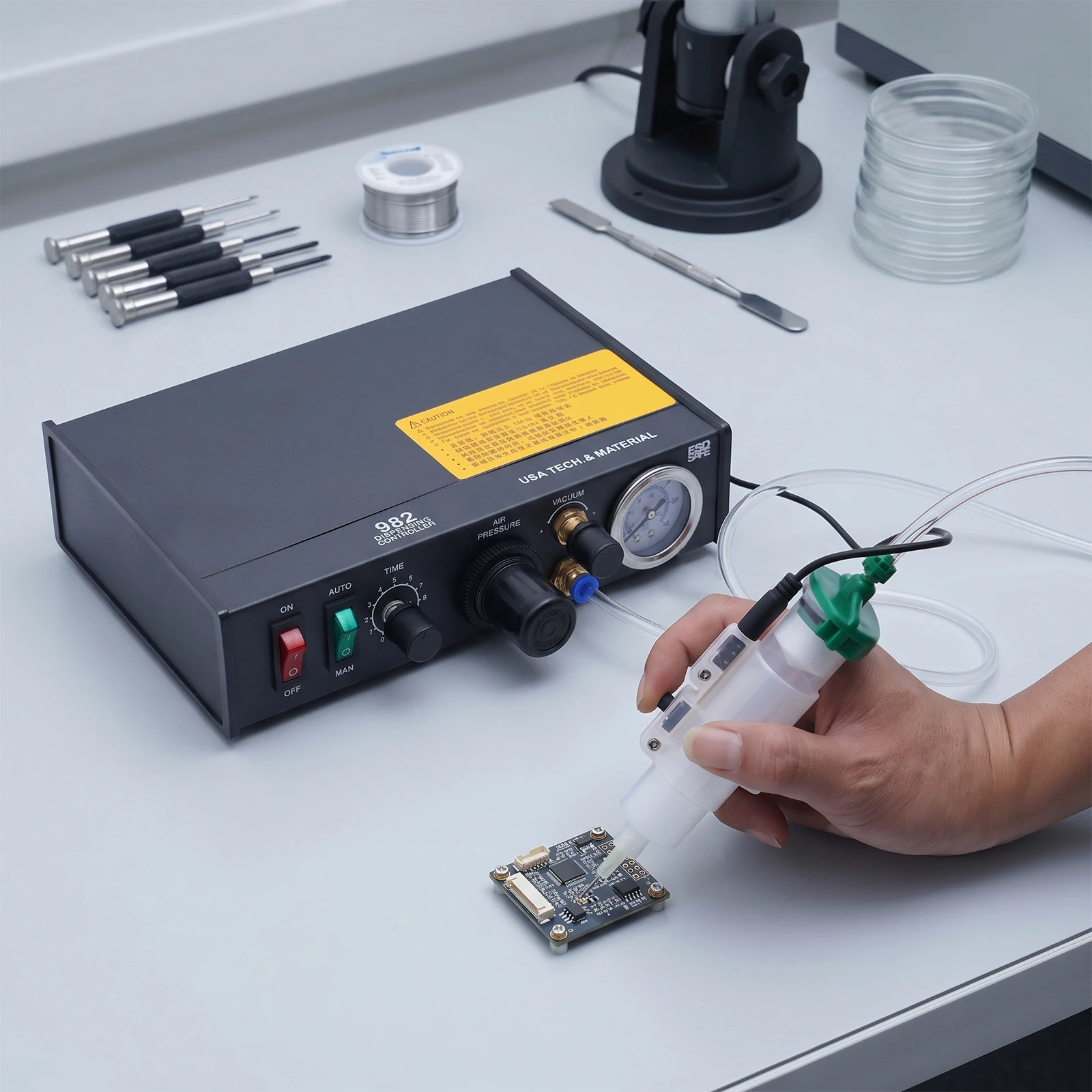Semi‑Automatic Pneumatic Glue Dispenser, Solder Paste Adhesive Dispensing Controller with Vacuum Back‑Suction for Electronic Component Bonding