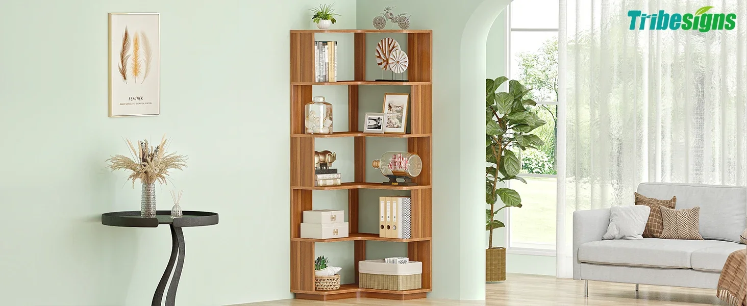 Tribesigns 6 Tier Corner Bookshelf, 64.96 Inch Tall Industrial Corner Bookcase with Anti-Drop Panel,Wood Grain Corner Shelf