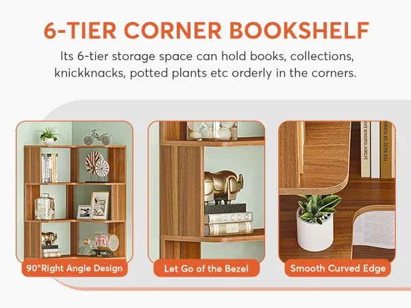 Tribesigns 6 Tier Corner Bookshelf, 64.96 Inch Tall Industrial Corner Bookcase with Anti-Drop Panel,Wood Grain Corner Shelf