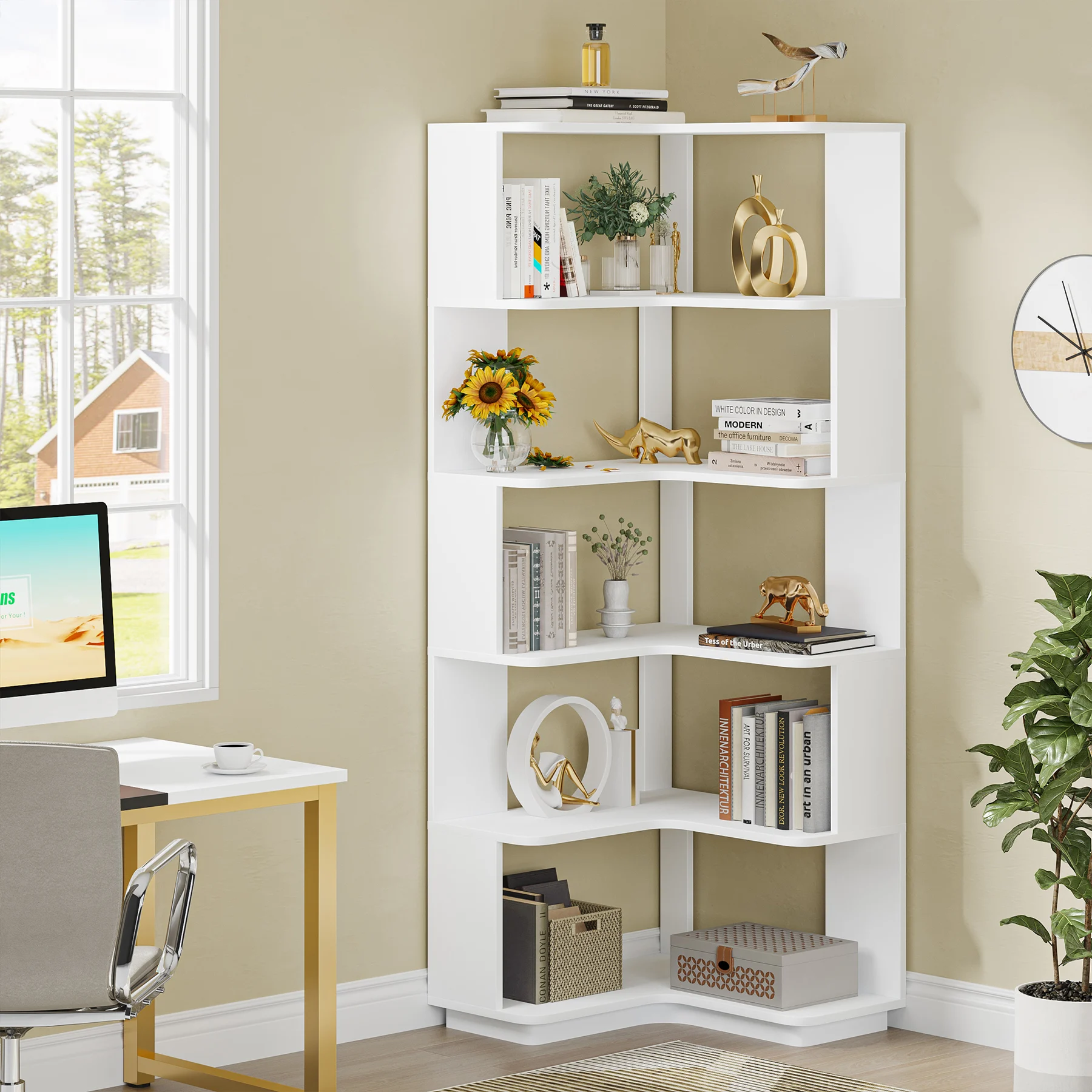Tribesigns 6 Tier Corner Bookshelf, 64.96 Inch Tall Industrial Corner Bookcase with Anti-Drop Panel,Wood Grain Corner Shelf