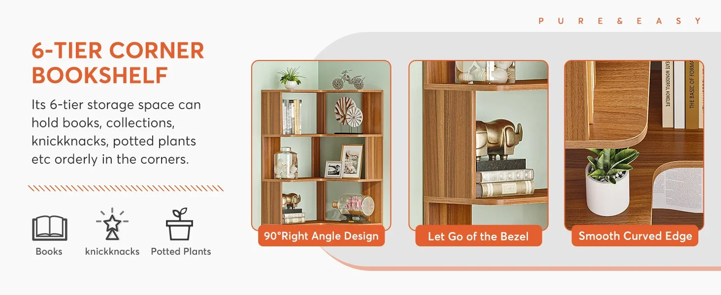 Tribesigns 6 Tier Corner Bookshelf, 64.96 Inch Tall Industrial Corner Bookcase with Anti-Drop Panel,Wood Grain Corner Shelf