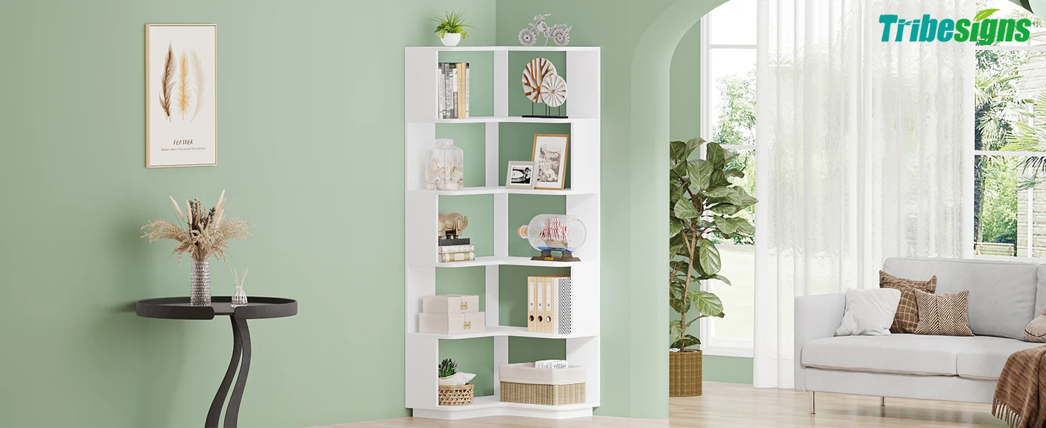 Tribesigns 6 Tier Corner Bookshelf, 64.96 Inch Tall Industrial Corner Bookcase with Anti-Drop Panel,Wood Grain Corner Shelf
