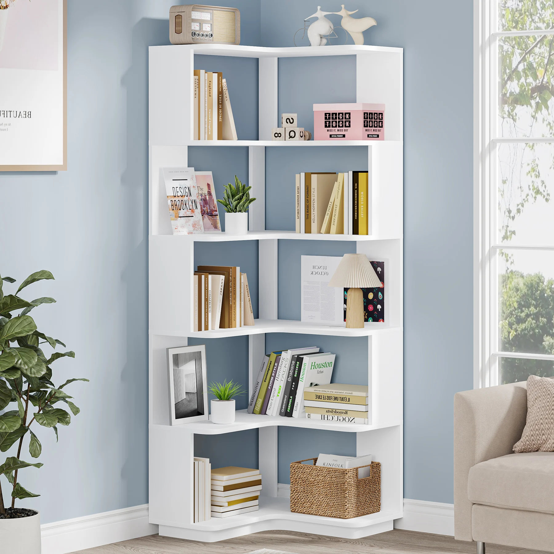 Tribesigns 6 Tier Corner Bookshelf, 64.96 Inch Tall Industrial Corner Bookcase with Anti-Drop Panel,Wood Grain Corner Shelf