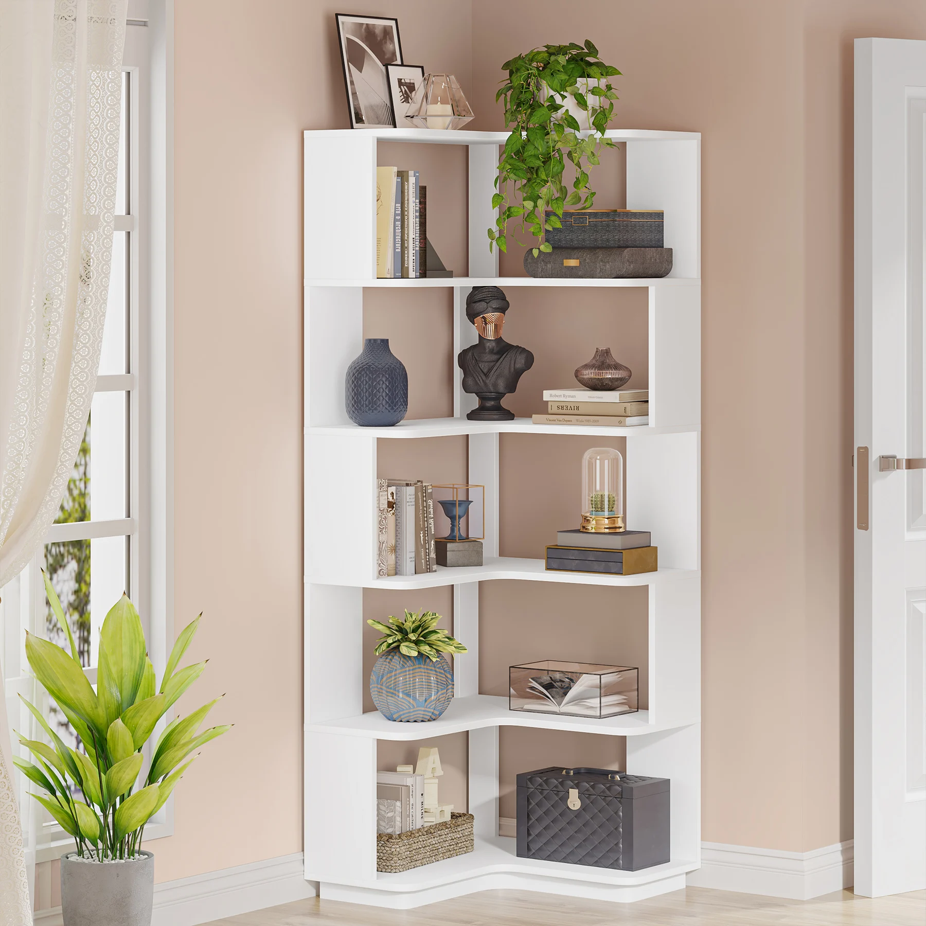 Tribesigns 6 Tier Corner Bookshelf, 64.96 Inch Tall Industrial Corner Bookcase with Anti-Drop Panel,Wood Grain Corner Shelf