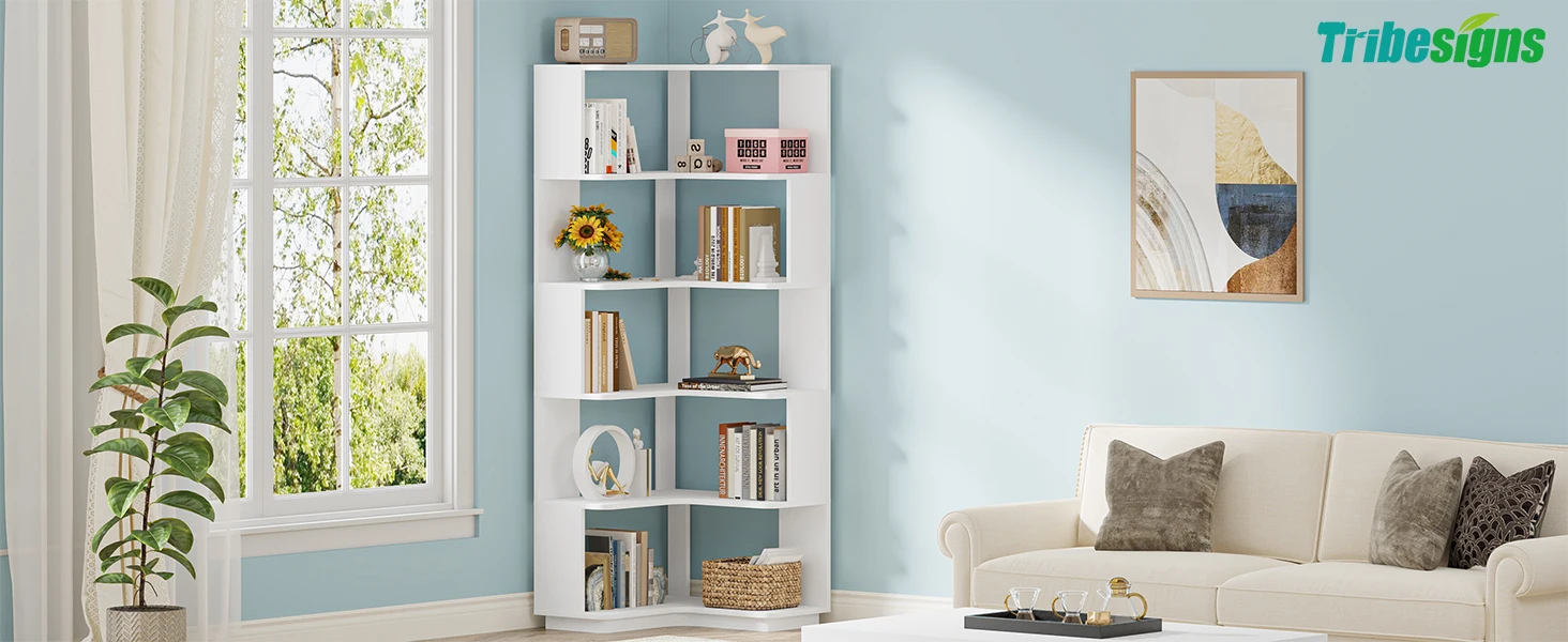 Tribesigns 6 Tier Corner Bookshelf, 64.96 Inch Tall Industrial Corner Bookcase with Anti-Drop Panel,Wood Grain Corner Shelf