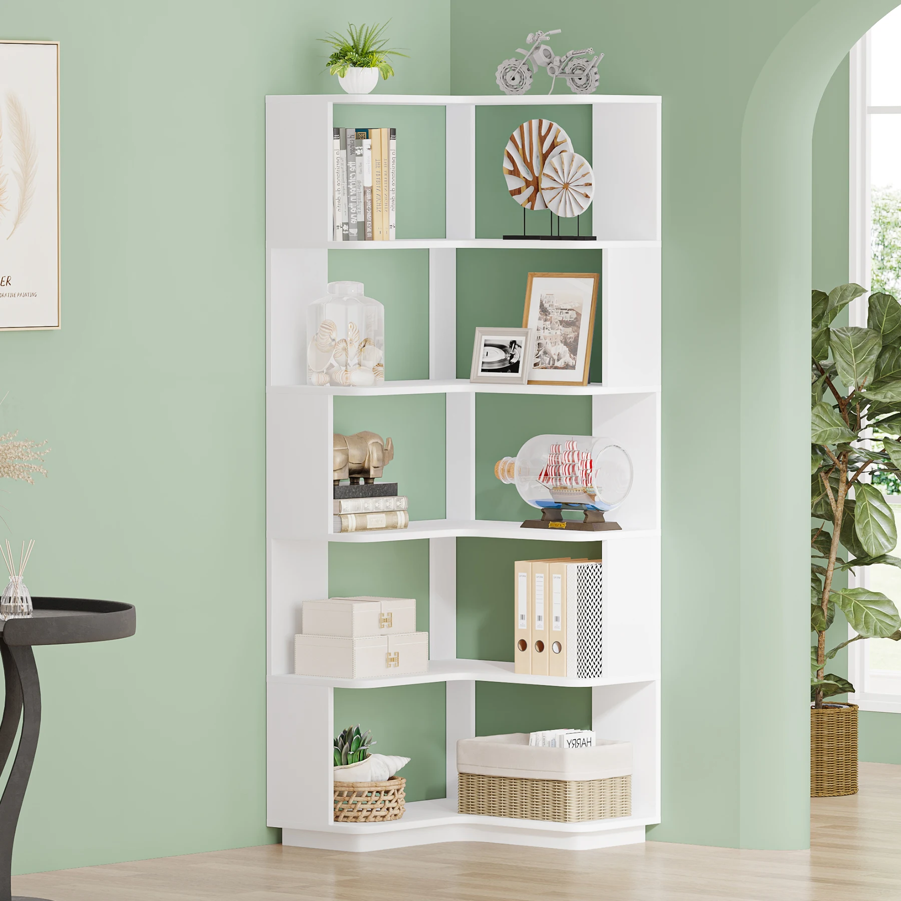 Tribesigns 6 Tier Corner Bookshelf, 64.96 Inch Tall Industrial Corner Bookcase with Anti-Drop Panel,Wood Grain Corner Shelf