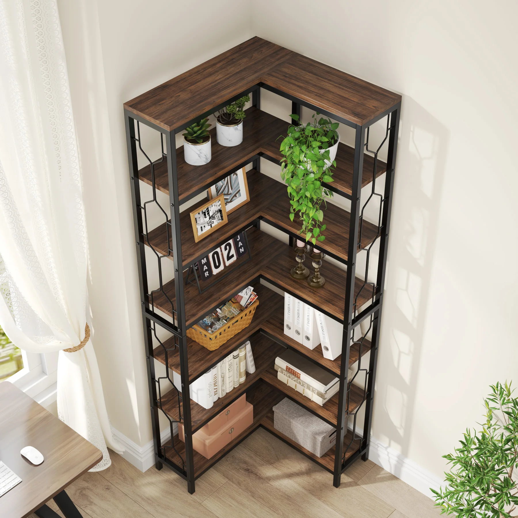 Tribesigns Corner Shelf, 7-Tier Industrial Corner Bookshelf, Wood and Metal Corner Etagere Bookcase, Freestanding Display Shelf