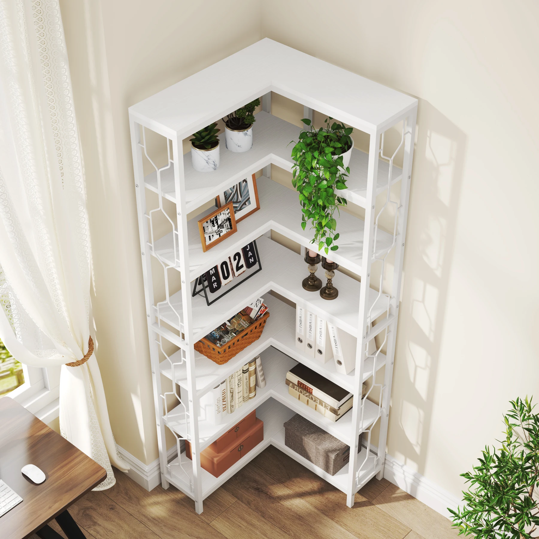 Tribesigns Corner Shelf, 7-Tier Industrial Corner Bookshelf, Wood and Metal Corner Etagere Bookcase, Freestanding Display Shelf