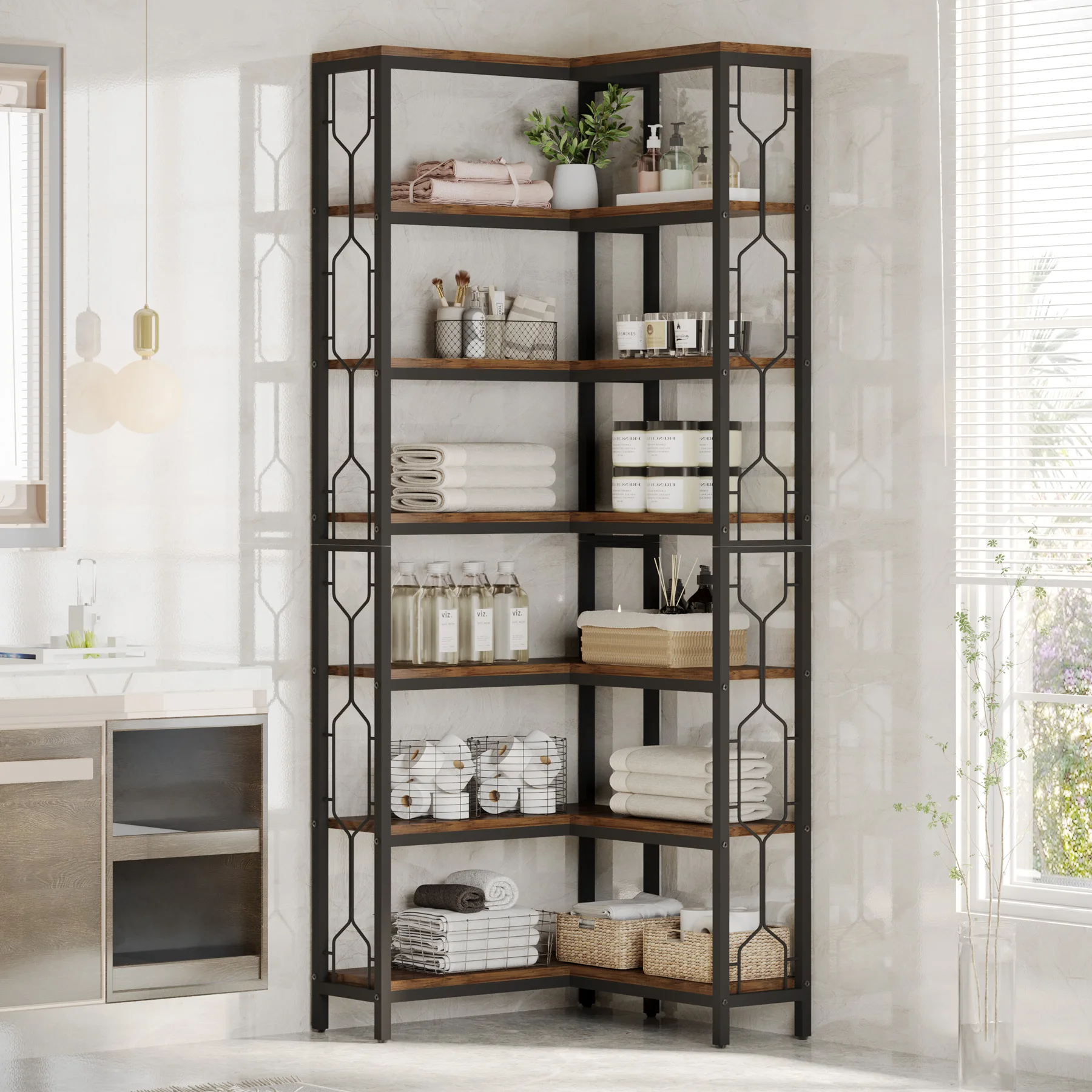 Tribesigns Corner Shelf, 7-Tier Industrial Corner Bookshelf, Wood and Metal Corner Etagere Bookcase, Freestanding Display Shelf