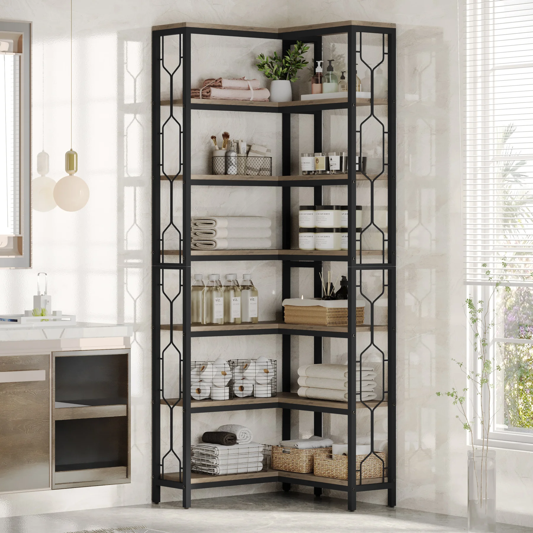 Tribesigns Corner Shelf, 7-Tier Industrial Corner Bookshelf, Wood and Metal Corner Etagere Bookcase, Freestanding Display Shelf