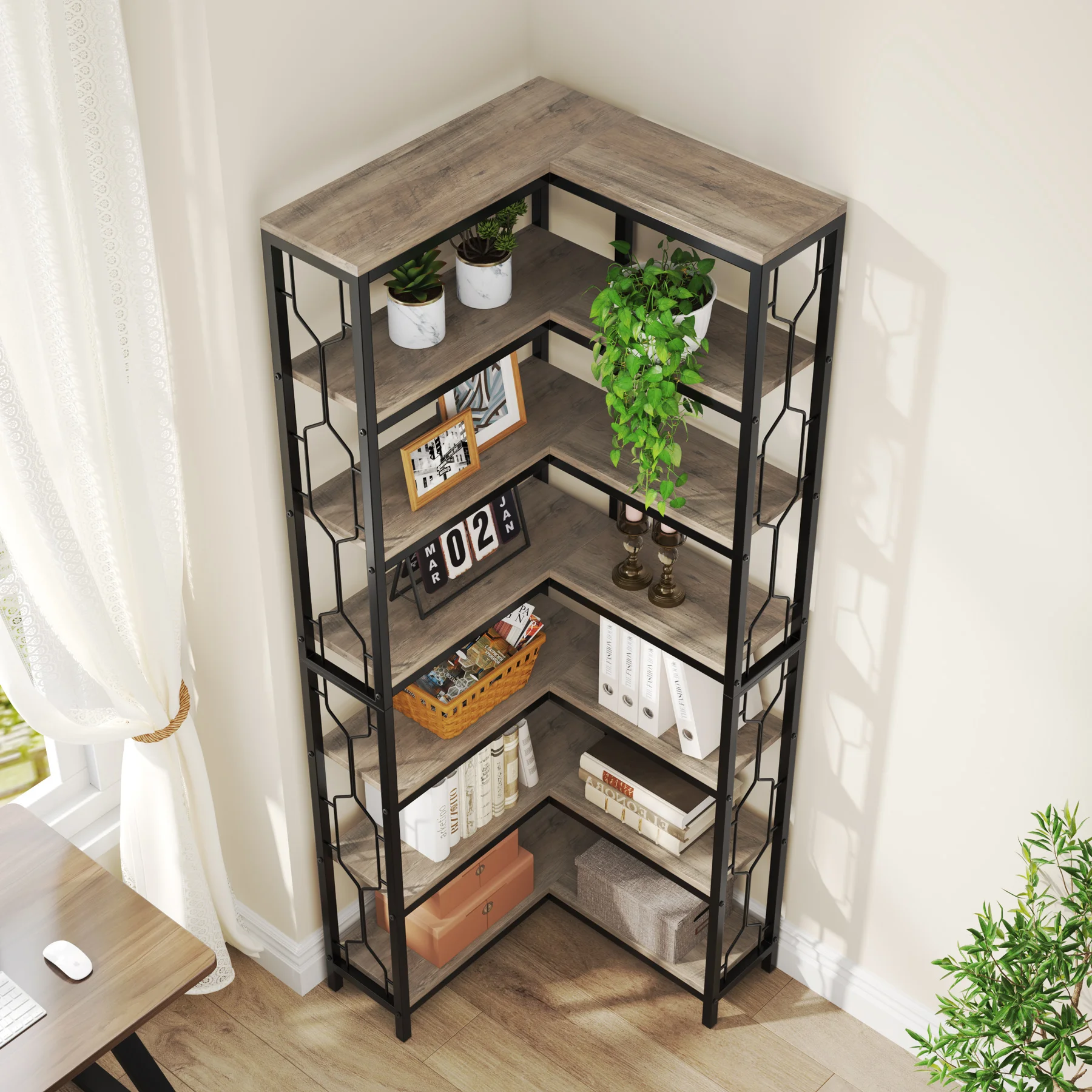 Tribesigns Corner Shelf, 7-Tier Industrial Corner Bookshelf, Wood and Metal Corner Etagere Bookcase, Freestanding Display Shelf