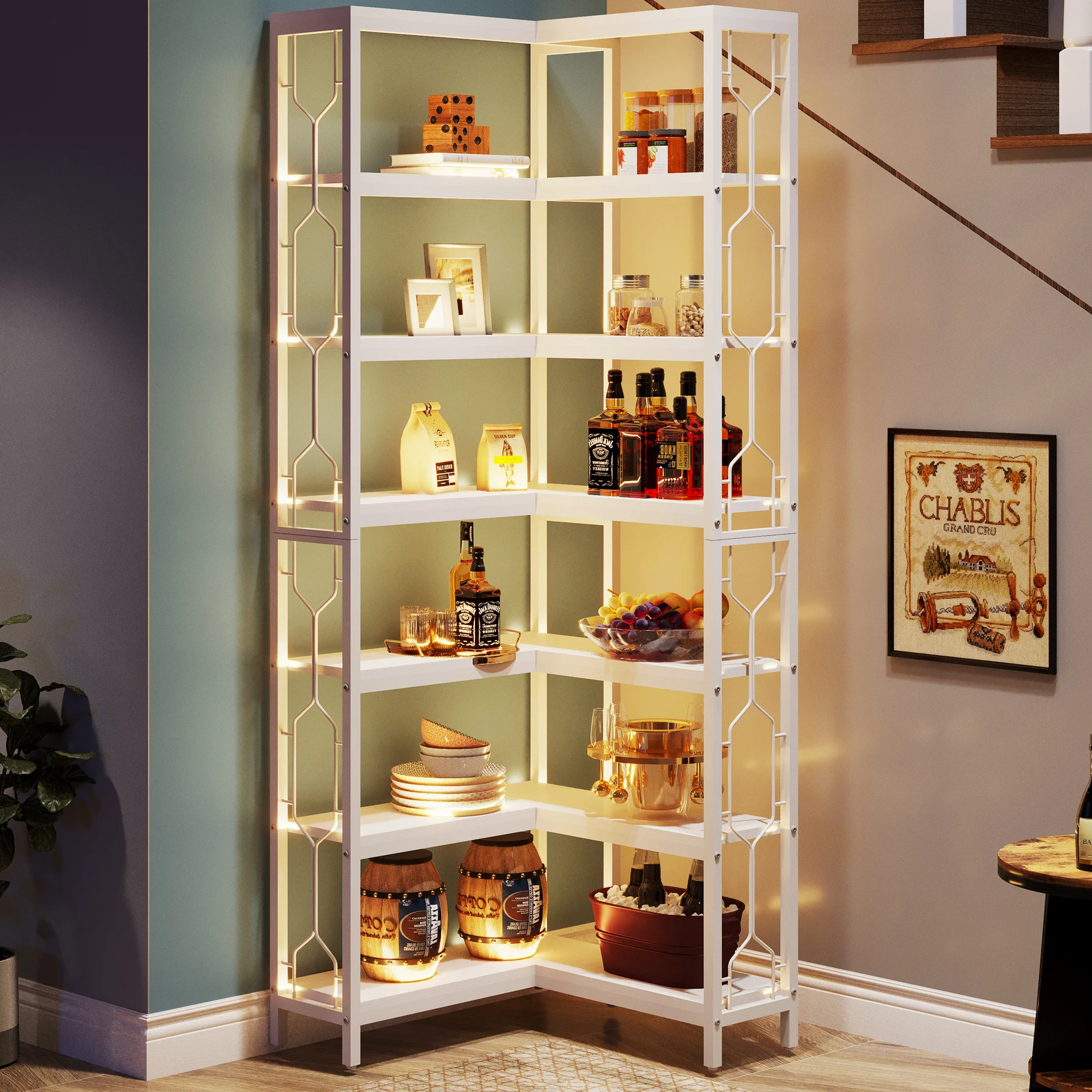Tribesigns Corner Shelf, 7-Tier Industrial Corner Bookshelf, Wood and Metal Corner Etagere Bookcase, Freestanding Display Shelf