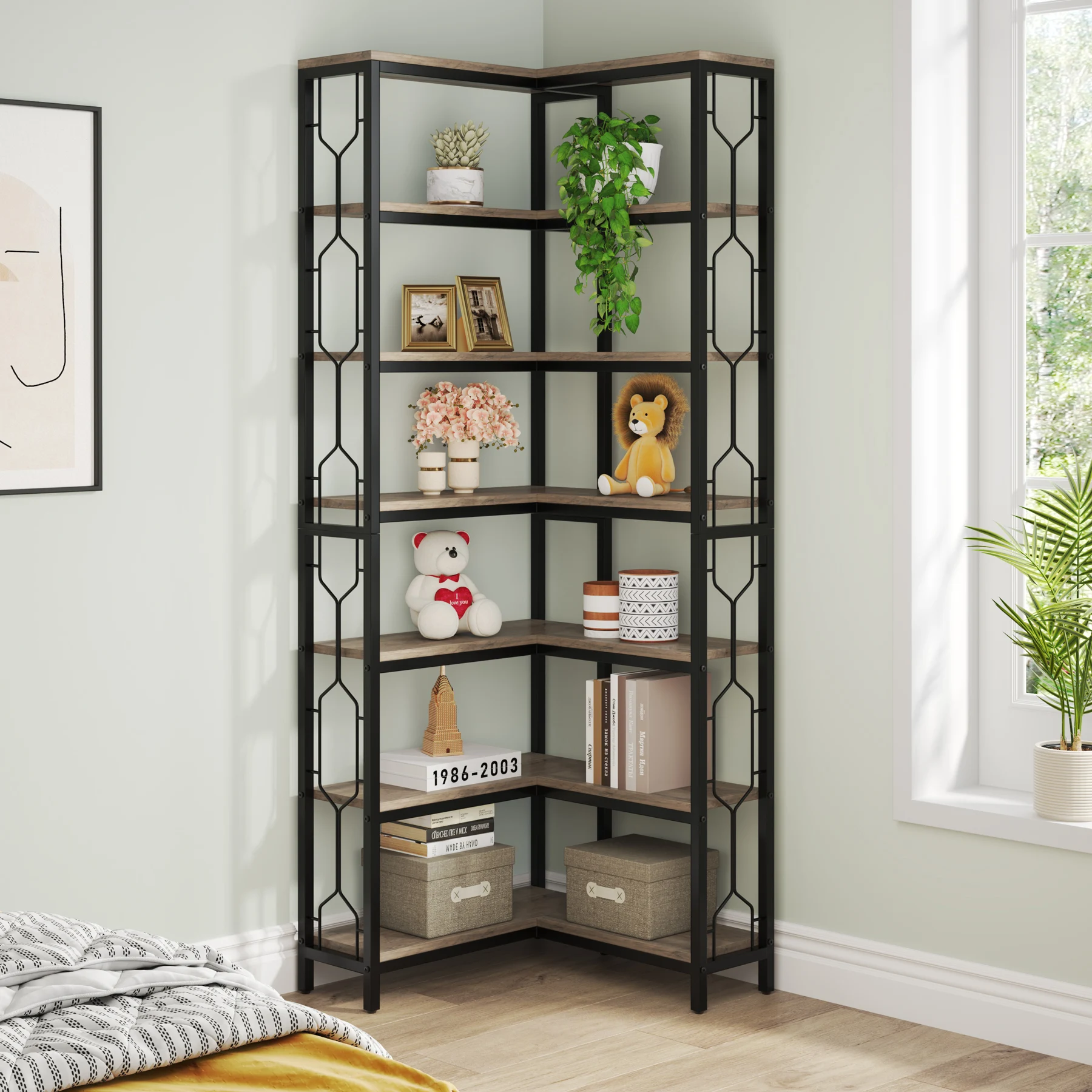 Tribesigns Corner Shelf, 7-Tier Industrial Corner Bookshelf, Wood and Metal Corner Etagere Bookcase, Freestanding Display Shelf